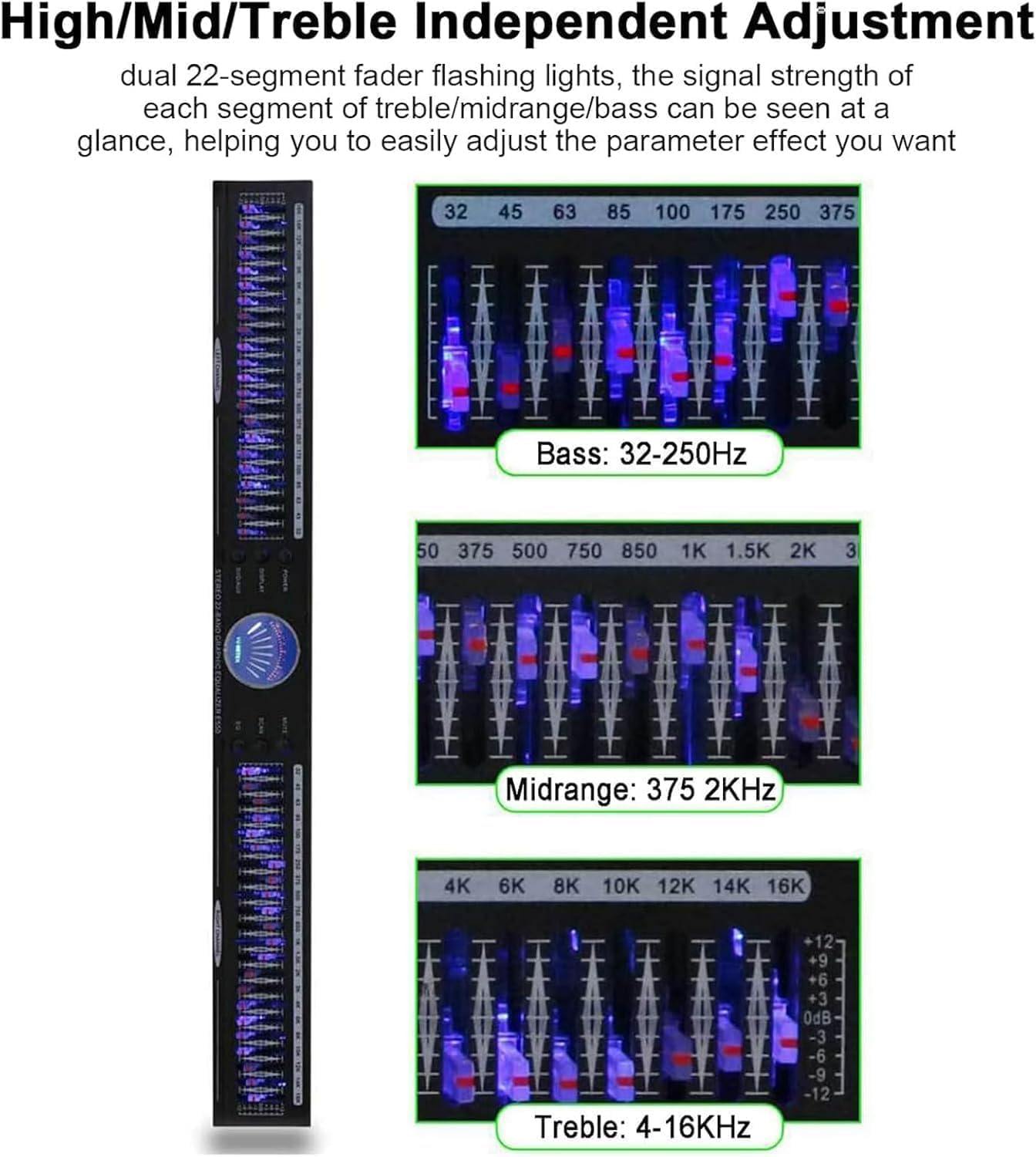 22-Band Audio Equalizer, Stereo Graphic Equalizer with flashing lights, 1U Rack Mount, with 10 Preset Effects, Hifi Home EQ Tuning Noise Reduction, Low/Mid/Treble Adjustment, for Recording Studio
