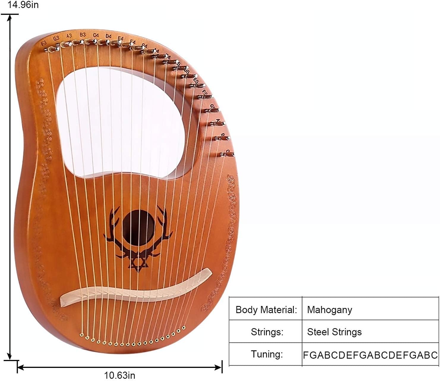 Lyre Harp 19 String Solid Wood String Instrument Heptachord Mahogany with Tuning Wrench, Picks and Bag, Best Gift for Beginners Music Lovers (Color : E)