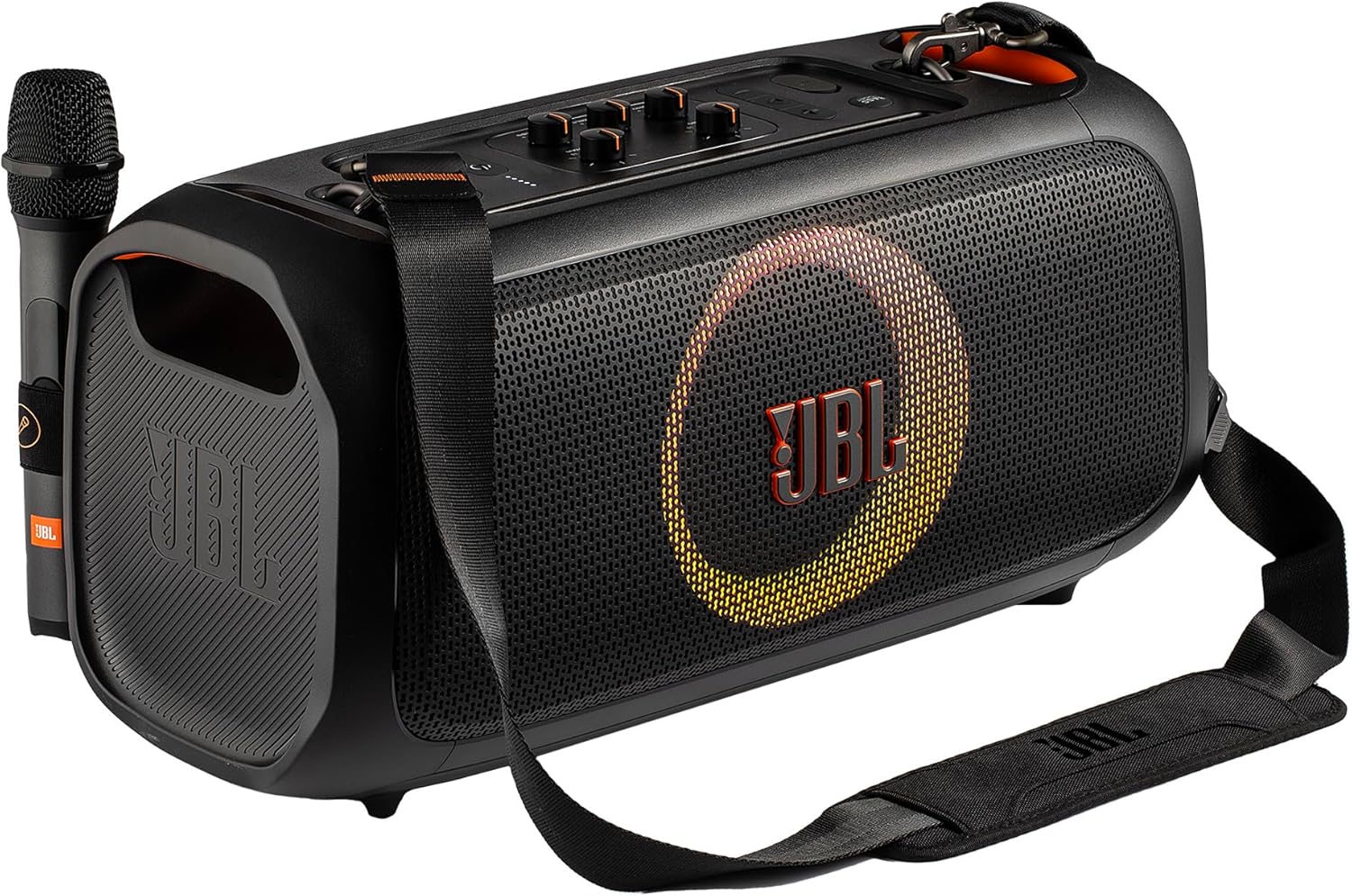 JBL Party On-The-Go Bluetooth Speaker with Mic | 100W Pro Sound, Dynamic Light Show, IPX4 Splashproof, 6-Hour Battery Wireless Karaoke Machine for Outdoor Events Bundle