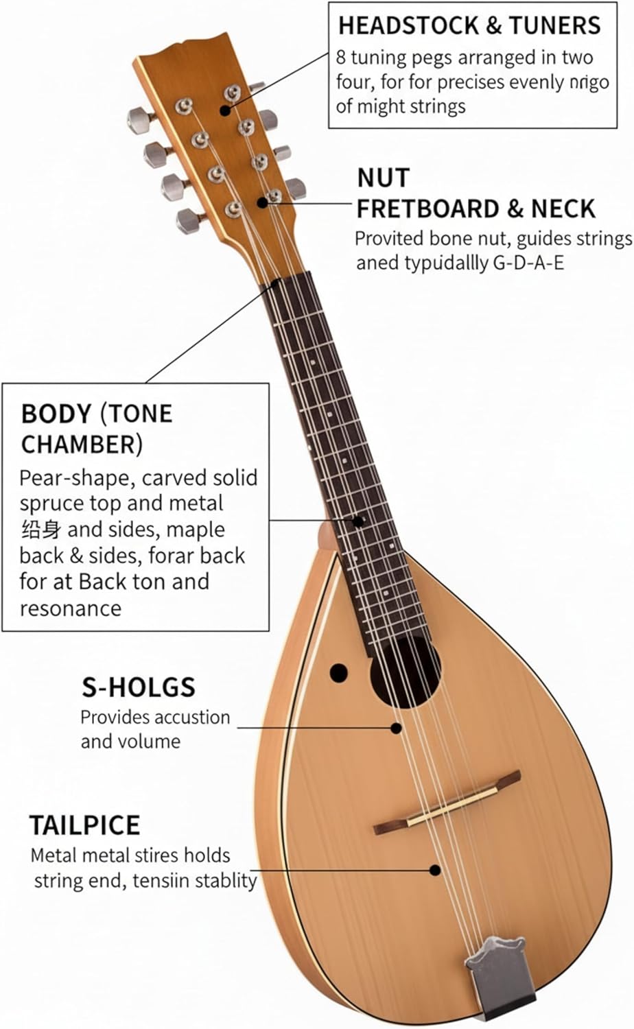 Mandolin Guitar For, F-Style Solid Wood Acoustic Mandolin Instrument With Bag, Tuner & Strap For Beginners & Professionals