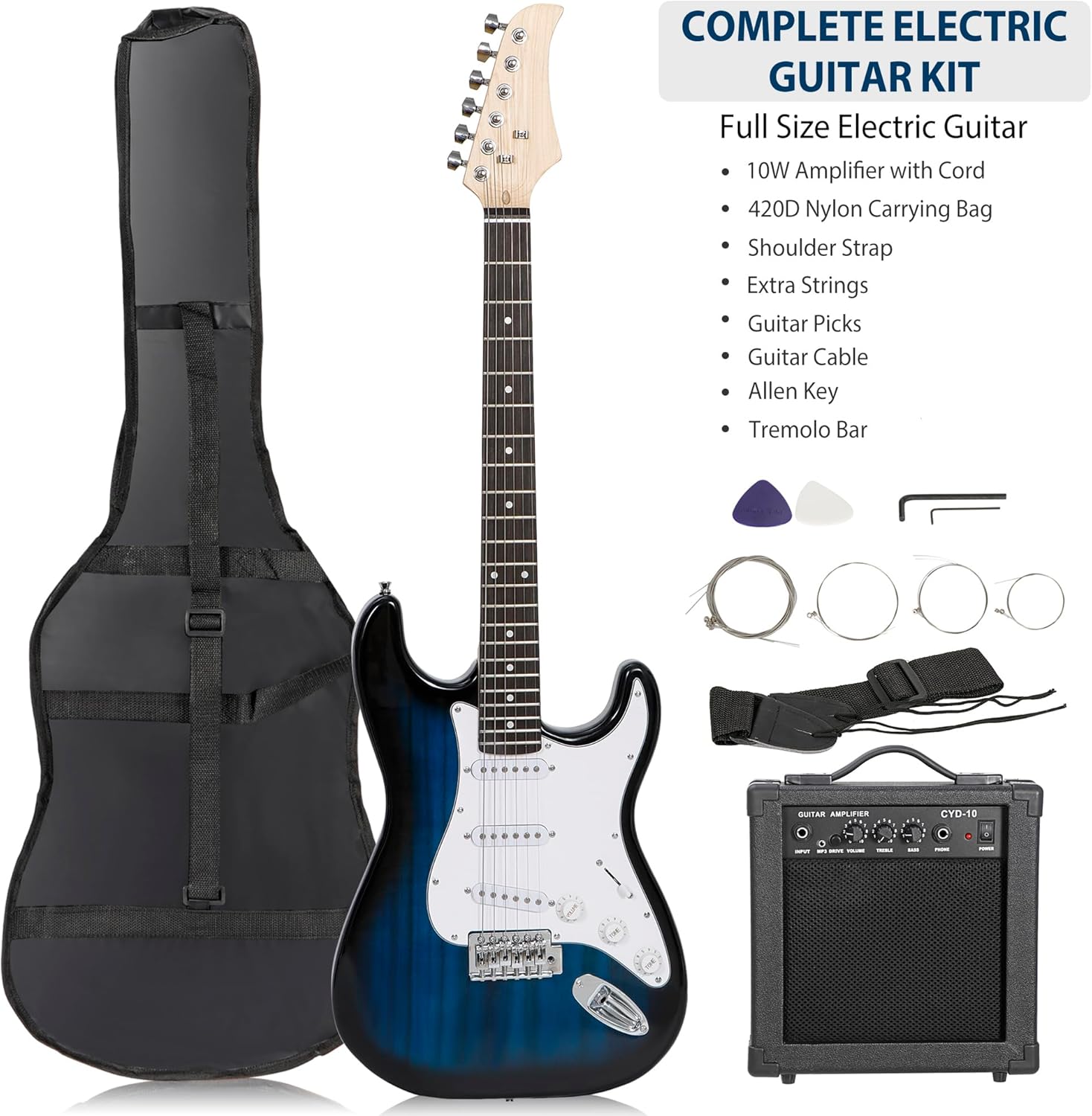 39 Inch Full Size Electric Guitar Beginner Starter Kit with 10W Amplifier, Bag, Strap, Strings, Tuner, Cable, Picks, Blue