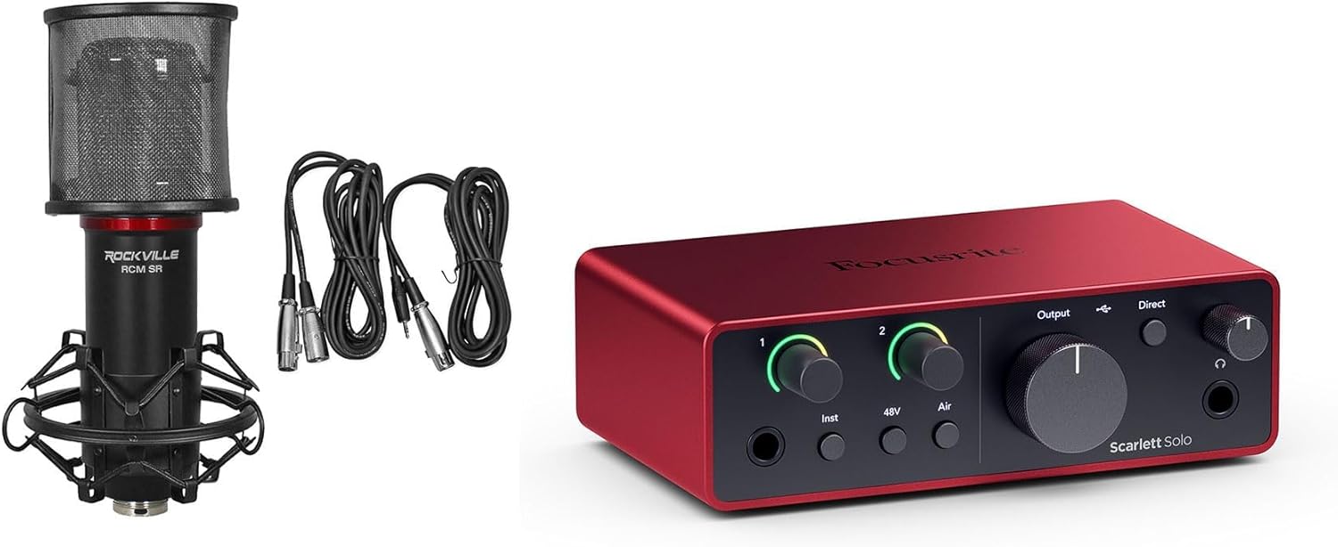 Audiosavings Bundle: Focusrite Scarlett Solo 4th Gen Studio Recording USB Audio Interface+Software Bundle with Rockville RCM SR Studio/Recording Condenser Microphone Mic w/Samsung Capacitors (2 Items)