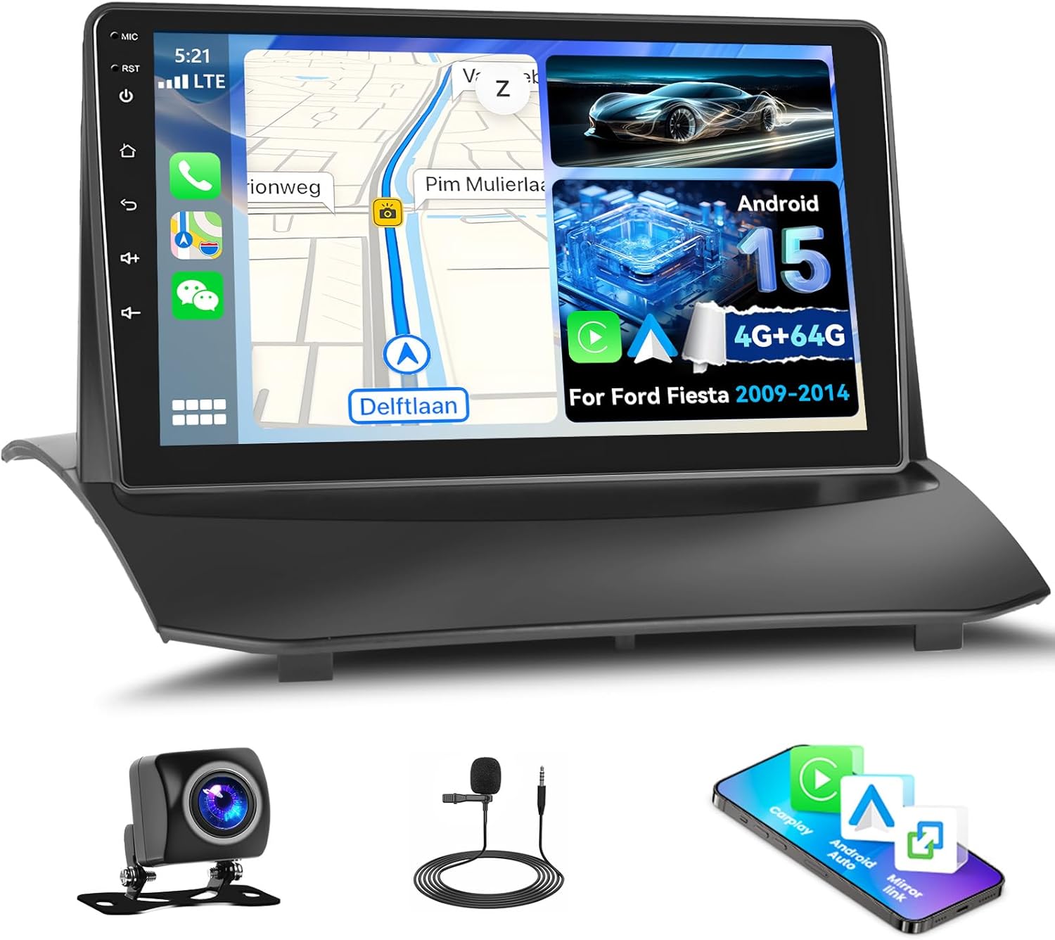 4G+64G Car Radio for Ford Fiesta 2009-2014 Android Replacement Upgrade Stereo with CarPlay Android Auto 9 Inch Touch Screen Head Unit with Backup Camera Mic