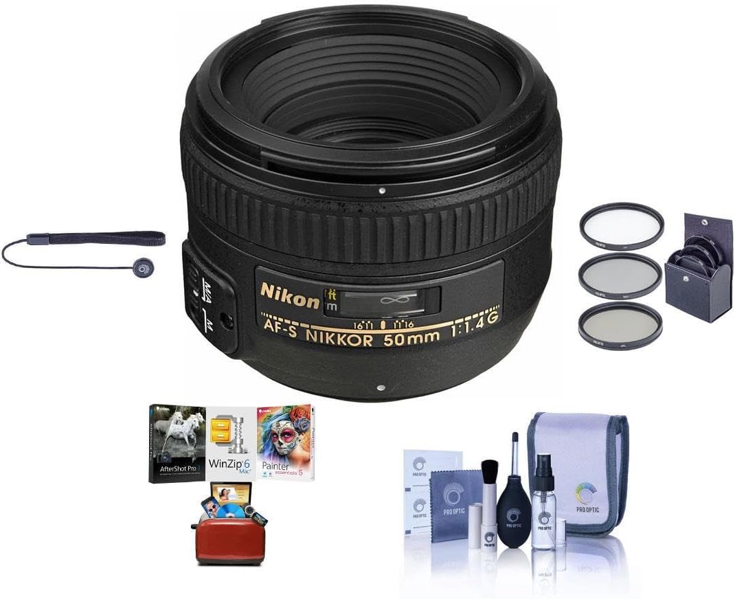 Nikon 50mm f/1.4G AF-S NIKKOR Lens, Bundle with ProOptic 58mm Filter Kit, Cleaning Kit, Lens Cap Tether, Mac Software Kit