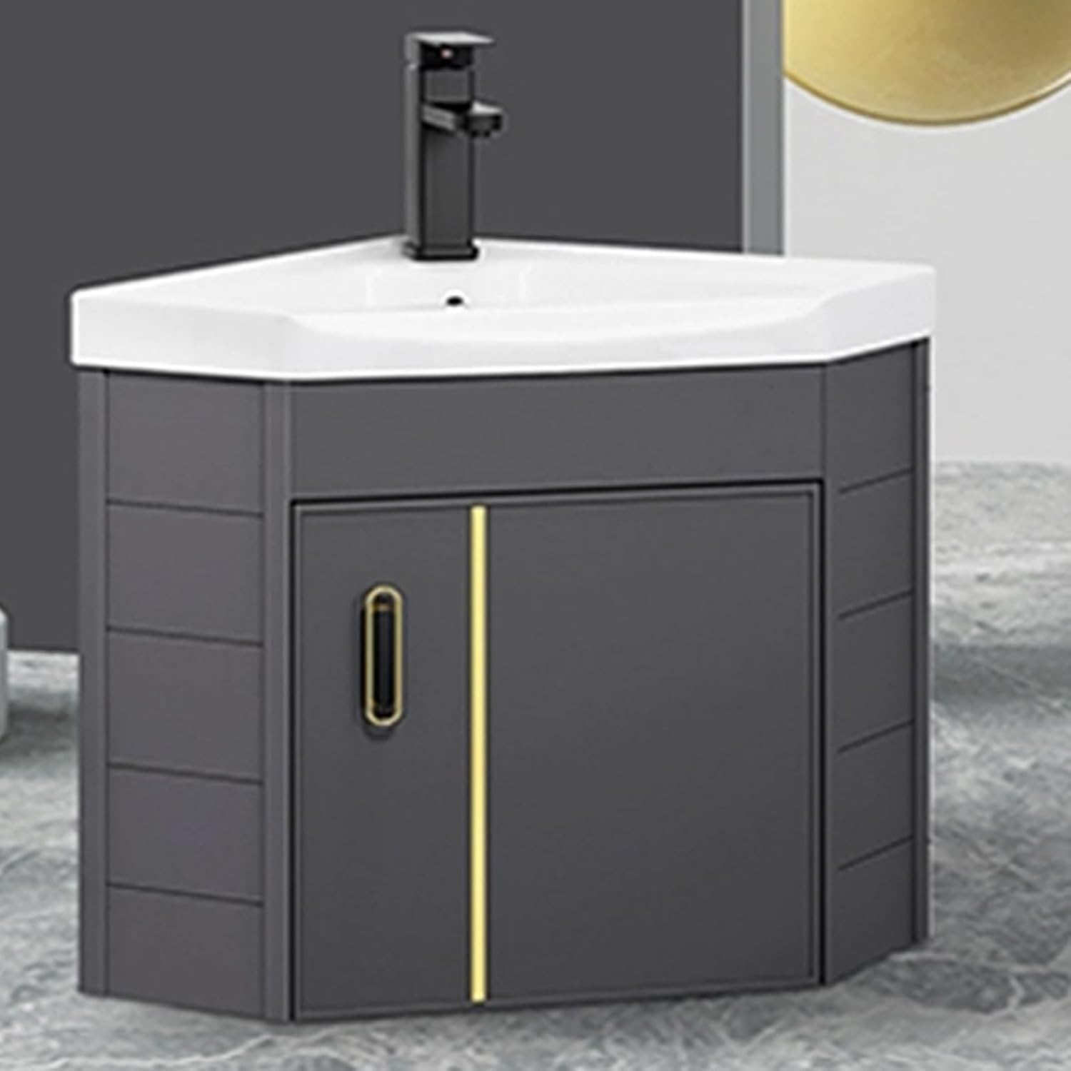 Corner Bathroom Sink, Triangle Wall Mount Corner Bathroom Vanity, Ceramic Wash Basin with Storage Container, Bathroom Sink Cabinets for Small Spaces(48cm/18.8in)