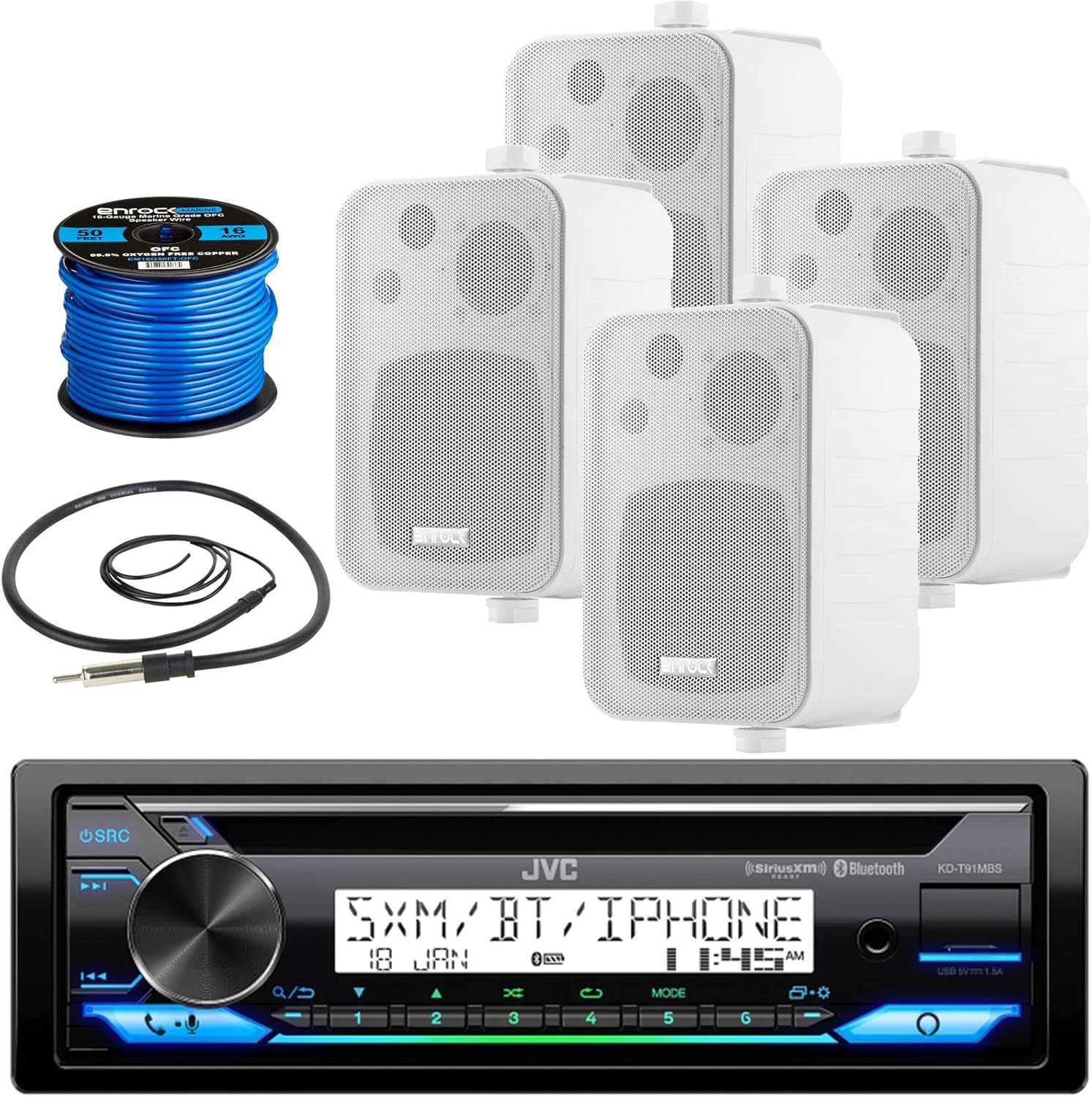Single DIN in-Dash Marine Bluetooth CD Player Stereo USB AUX Receiver, 4X Enrock 4