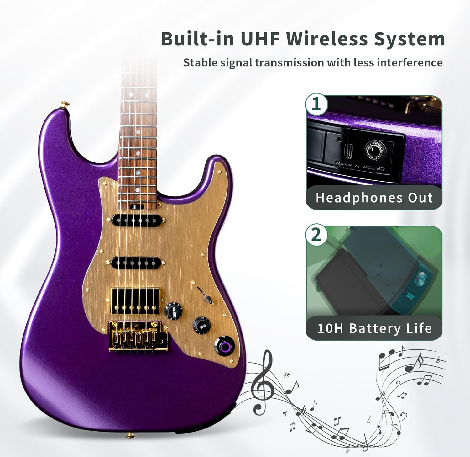 GTRS S900 Smart Electric Guitar Kit With UHF Wireless Transmitter, Practice Guitar Intelligent System With 126 Effects Types, 80s Loop, 40 Drummer, 10H Bettaty Life, 6 Strings, Right Hand(S900 Purple)