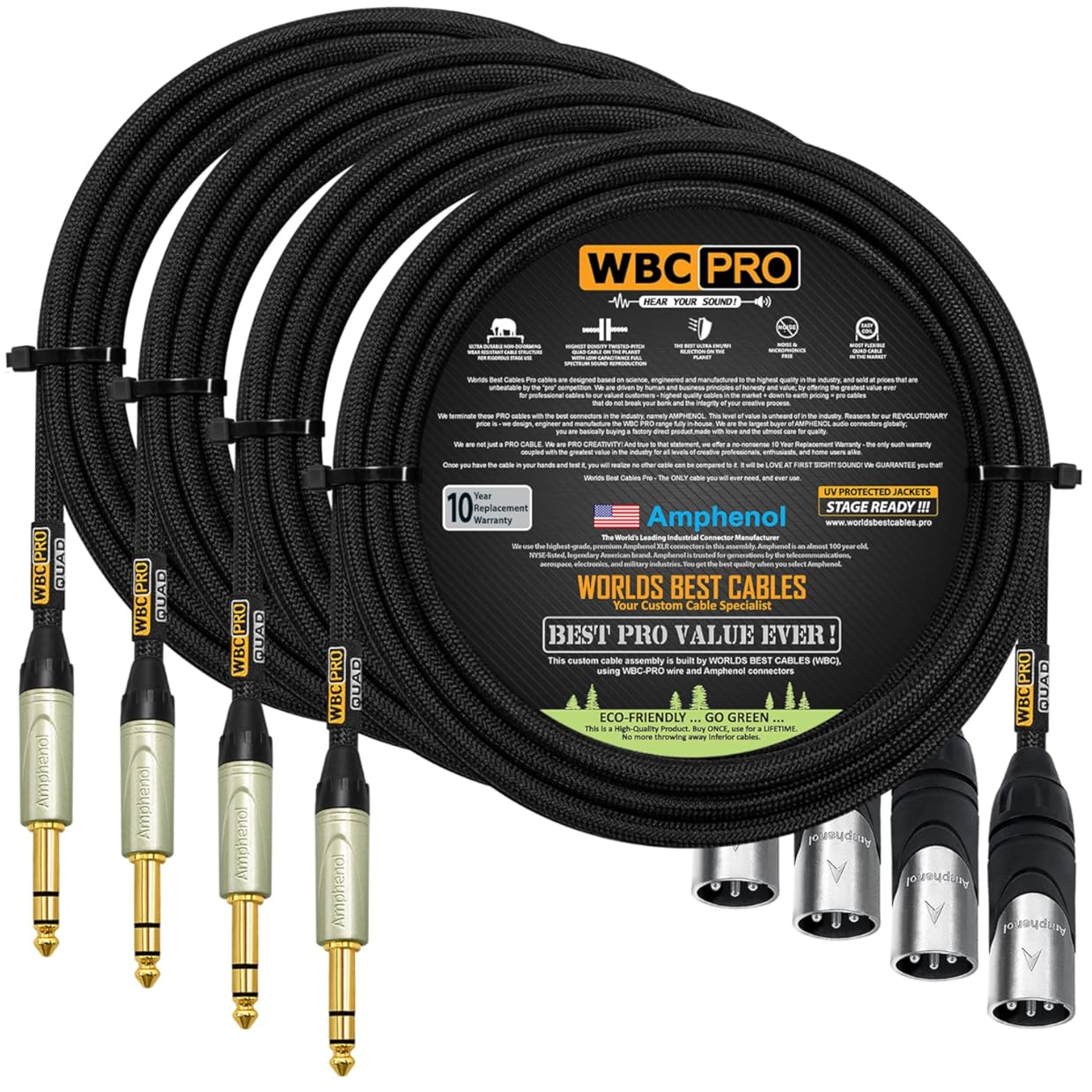4 Units - 15 Foot - WBC-PRO-Quad Ultra-Silent Ultra-Flexible Balanced Star-Quad XLR to TRS Cable with Amphenol AX3M Male XLR & QS3P-AU Straight TRS Stereo Phone Plugs - Black Tweed Jacket