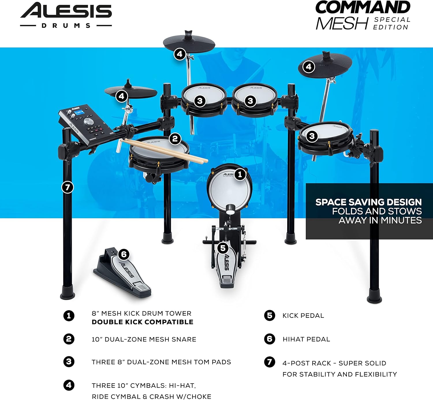 Alesis Drums Command Mesh SE Kit - Electric Drum Set with Quiet Dual Zone Mesh Pads, USB MIDI Connectivity and 600+ Electronic & Acoustic Drum Sounds black