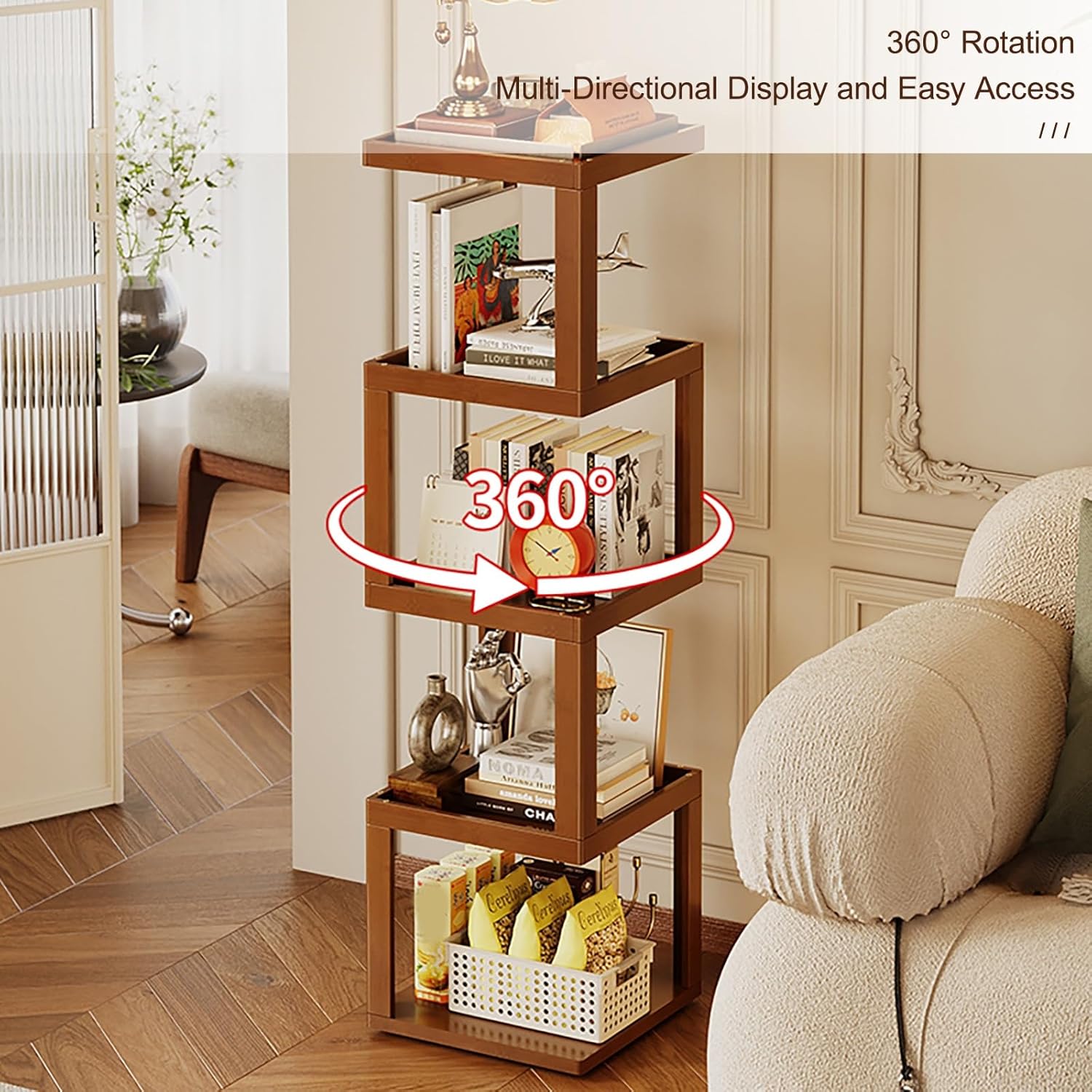 Rolling End Table Open Bookshelf 360° Spinning Book Shelf Tower for Kids, Small Book Storage Shelves Rotating Bookcase for Small Space Corner Bedroom(64cm/25in)