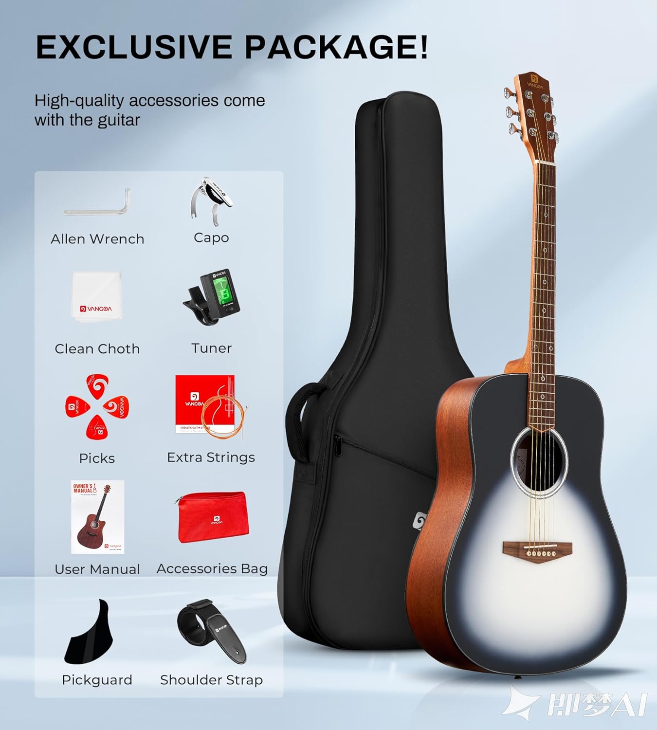 Vangoa Dreadnought Acoustic Guitar 41 inch Set, Full Size Steel String Acoustic Guitar Starter Bundle, 6 String Guitarra for Beginners Adults, Moonlight Burst