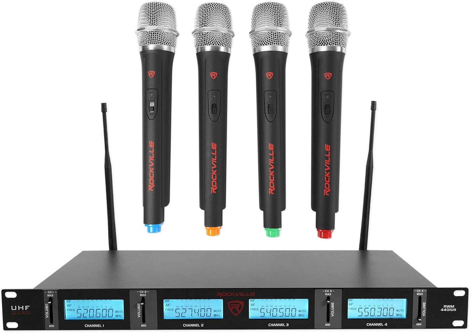Rockville RWM4401UH Quad UHF Wireless Handheld Microphone System with LCD Display, Low Distortion, Long Range, for Live Performances and Events