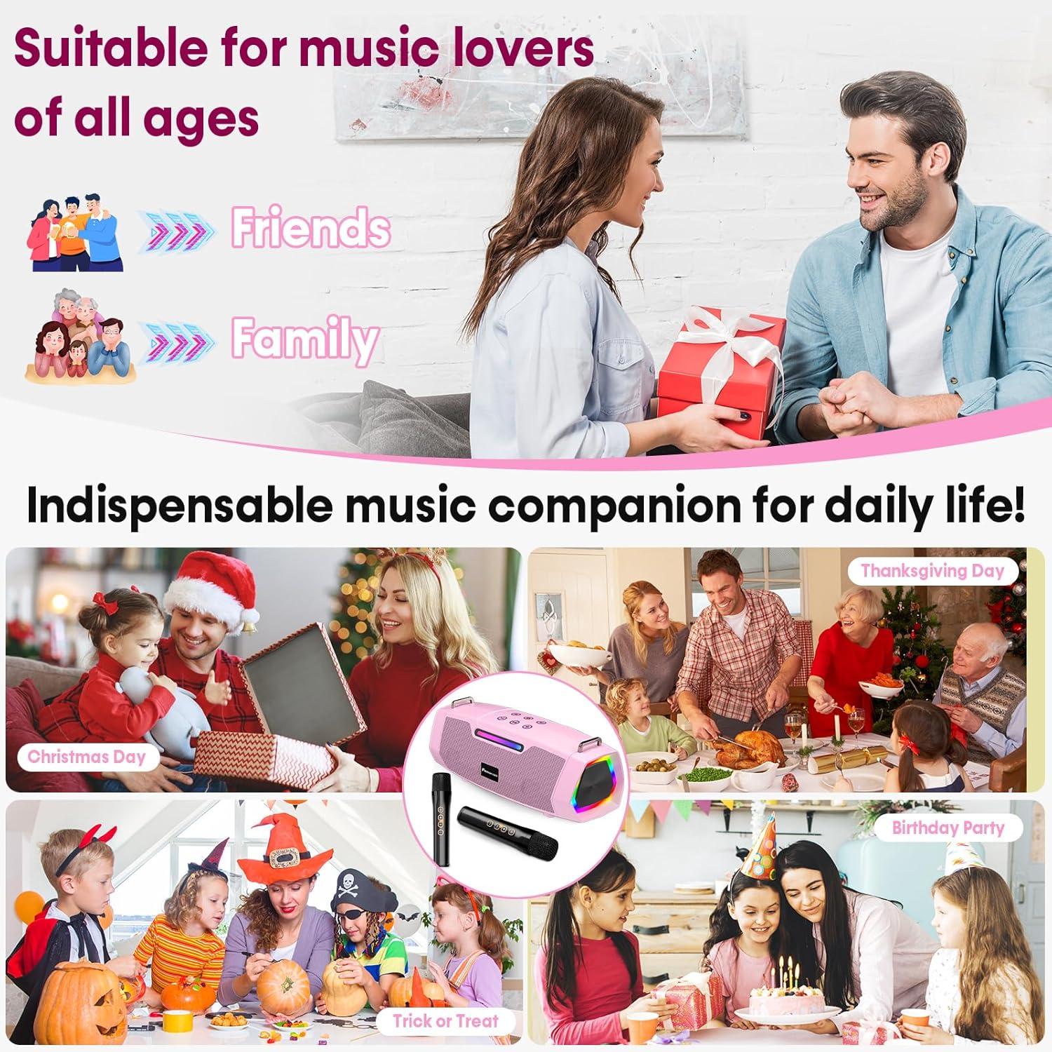 Karaoke Machine with Two Wireless Microphones - Portable 60W Powerful Bluetooth Speaker, Long Battery Life for Outdoor & Family Party, RGB Lights, PA System for Girls, Young Women - Pink