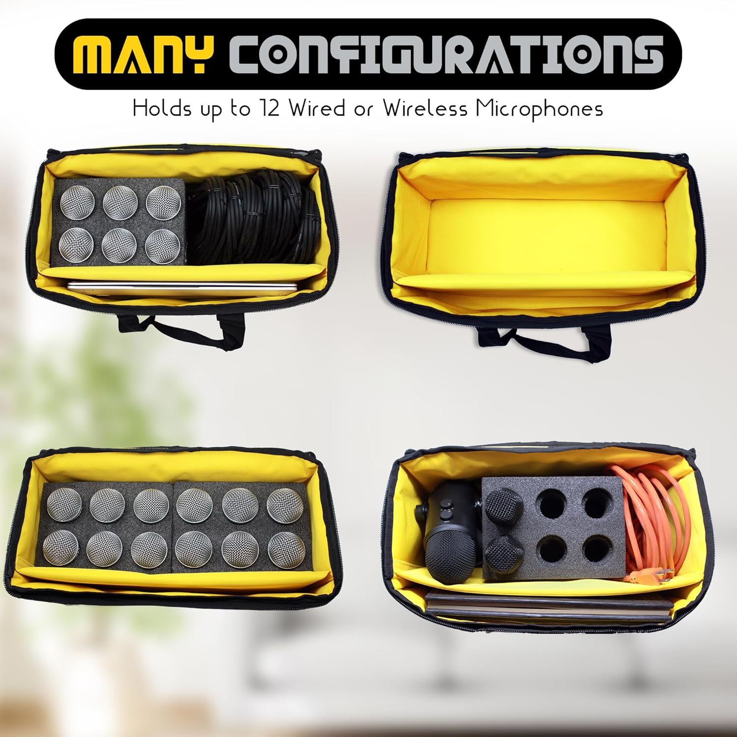 Loudmouth 12 Slot Microphone Case with Foam | Rugged Padded Bag For Wired and Wireless Mics | 16