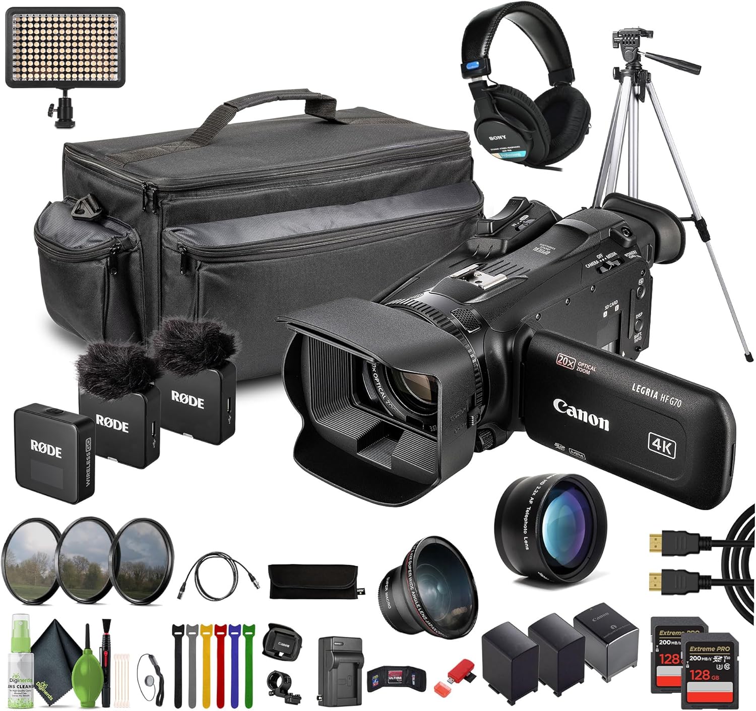 Canon LEGRIA HF G70 PAL UHD 4K Camcorder Bundle with 2X 128GB Memory Card + MDR-7506 Professional Stereo Headphones + Tripod + Cleaning kit + LED Light + 2-Person Compact Wireless Microphone System