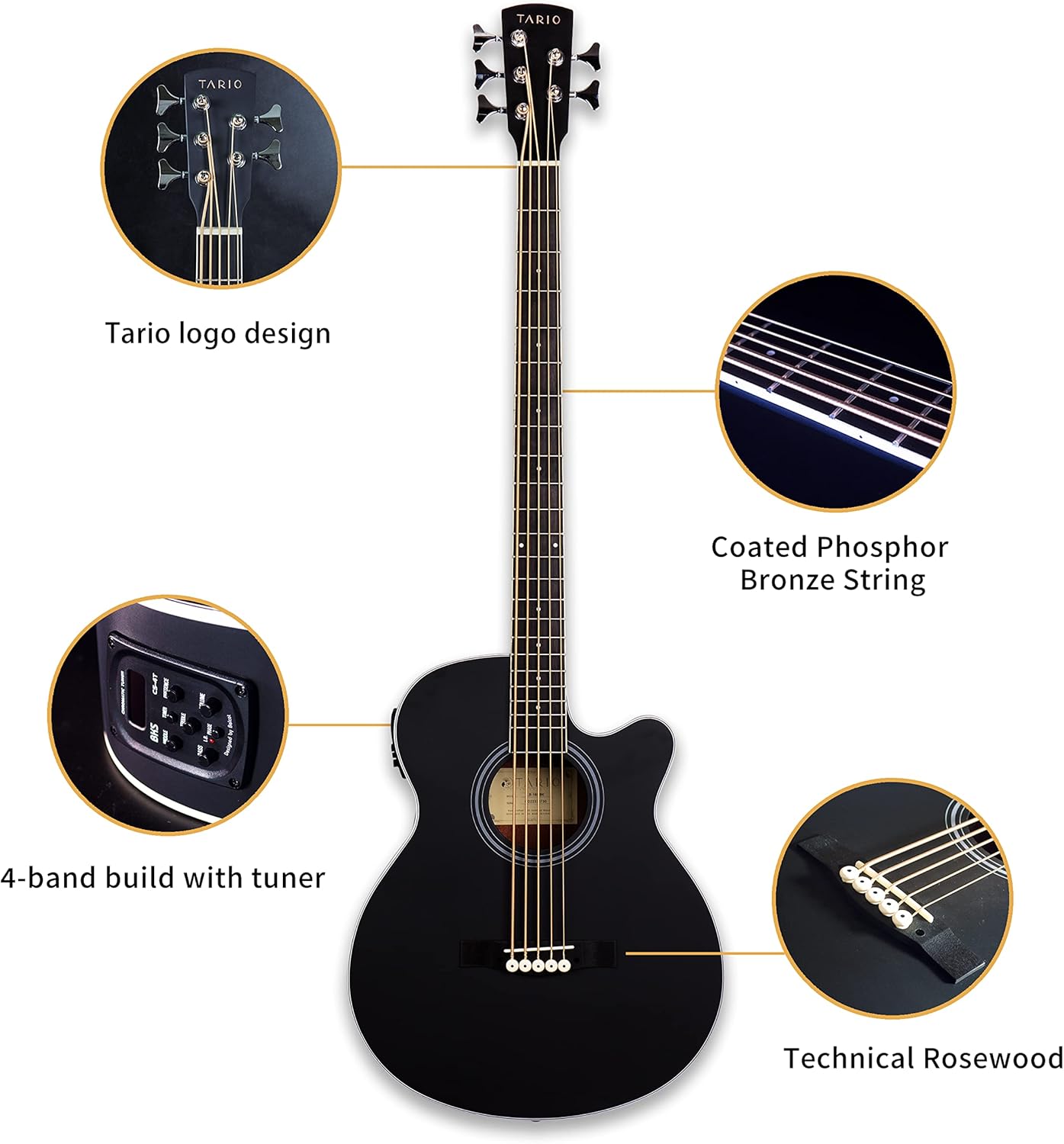 TARIO 5 String Electric Acoustic Bass spruce top Mahogany back & sides (Fretted)