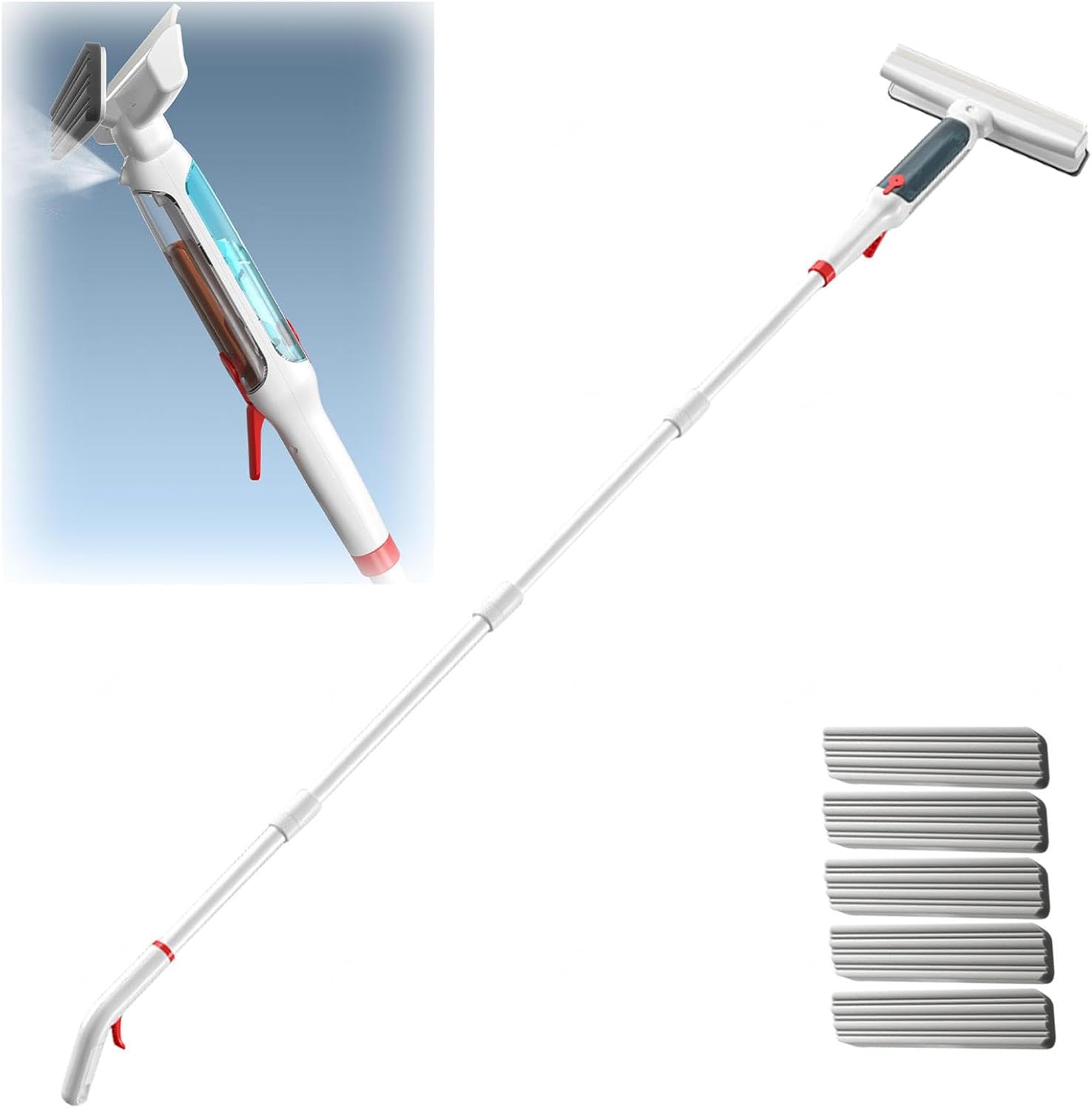 75'' Spray Window Washing Kit with 4-Section Extension Pole, 4 in 1 Window Washing Squeegee Windshield Cleaner Tool with Sewage Collector and 5 Pads