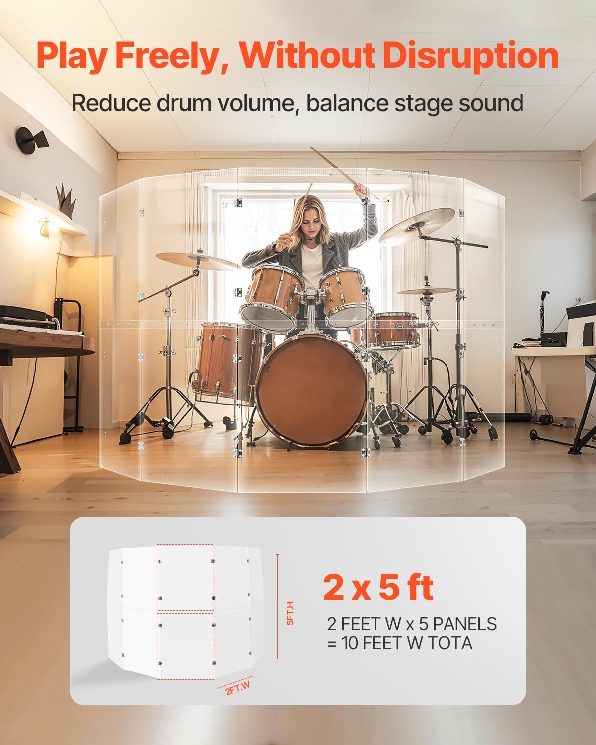 VEVOR 5 Panel 2 ft x 5 ft Portable Acrylic Drum Shield with Zinc Alloy Hinges for Church Concert Halls Music Festivals, Drum Sound Barrier Suitable for Practice Performance