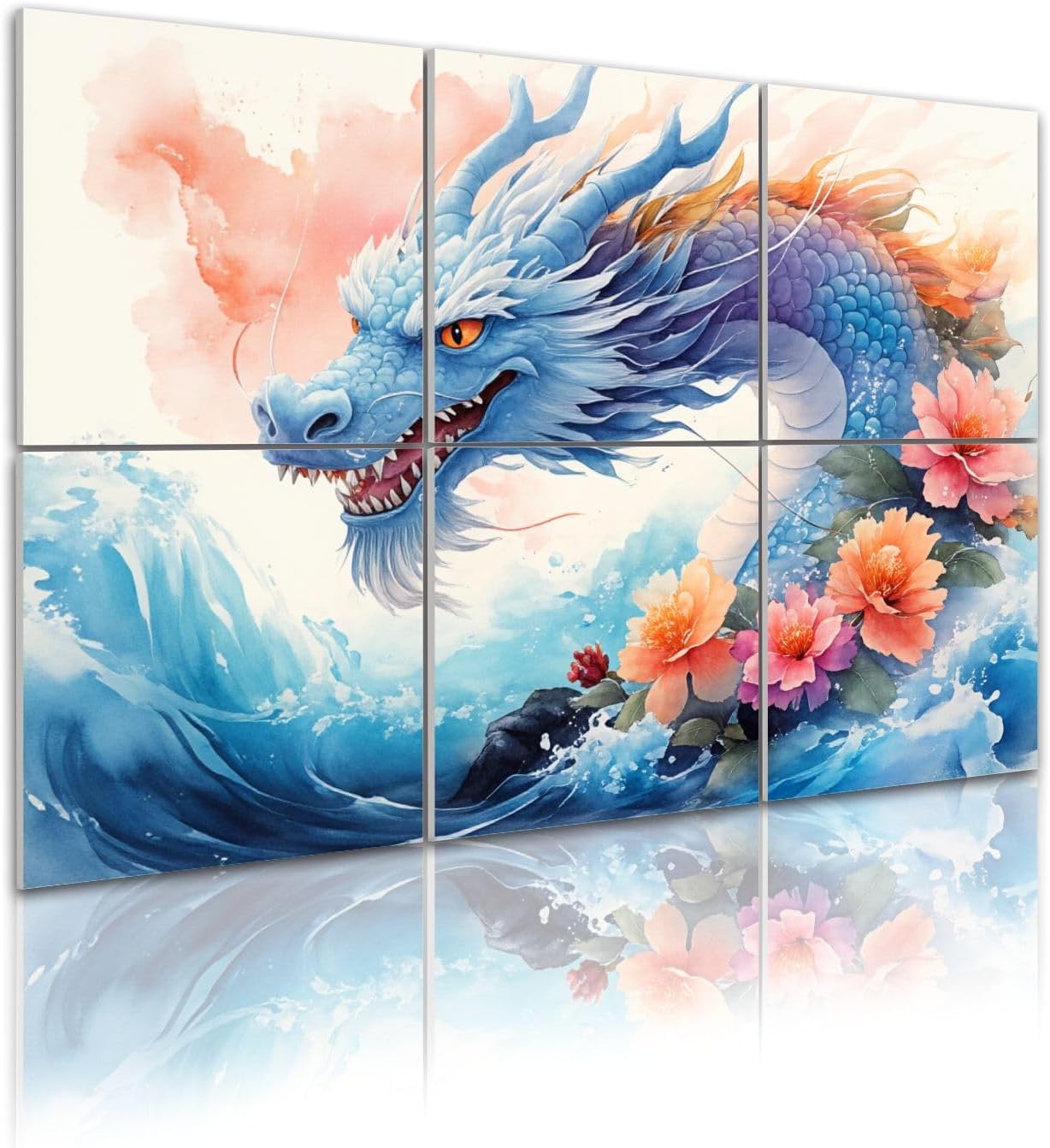 6 Pack Art Acoustic Panels Self Adhesive Azure Dragon Watercolor Art Pink Orange Flowers Waves Decorative Soundproof Wall Panels Sound Absorbing Panel 48
