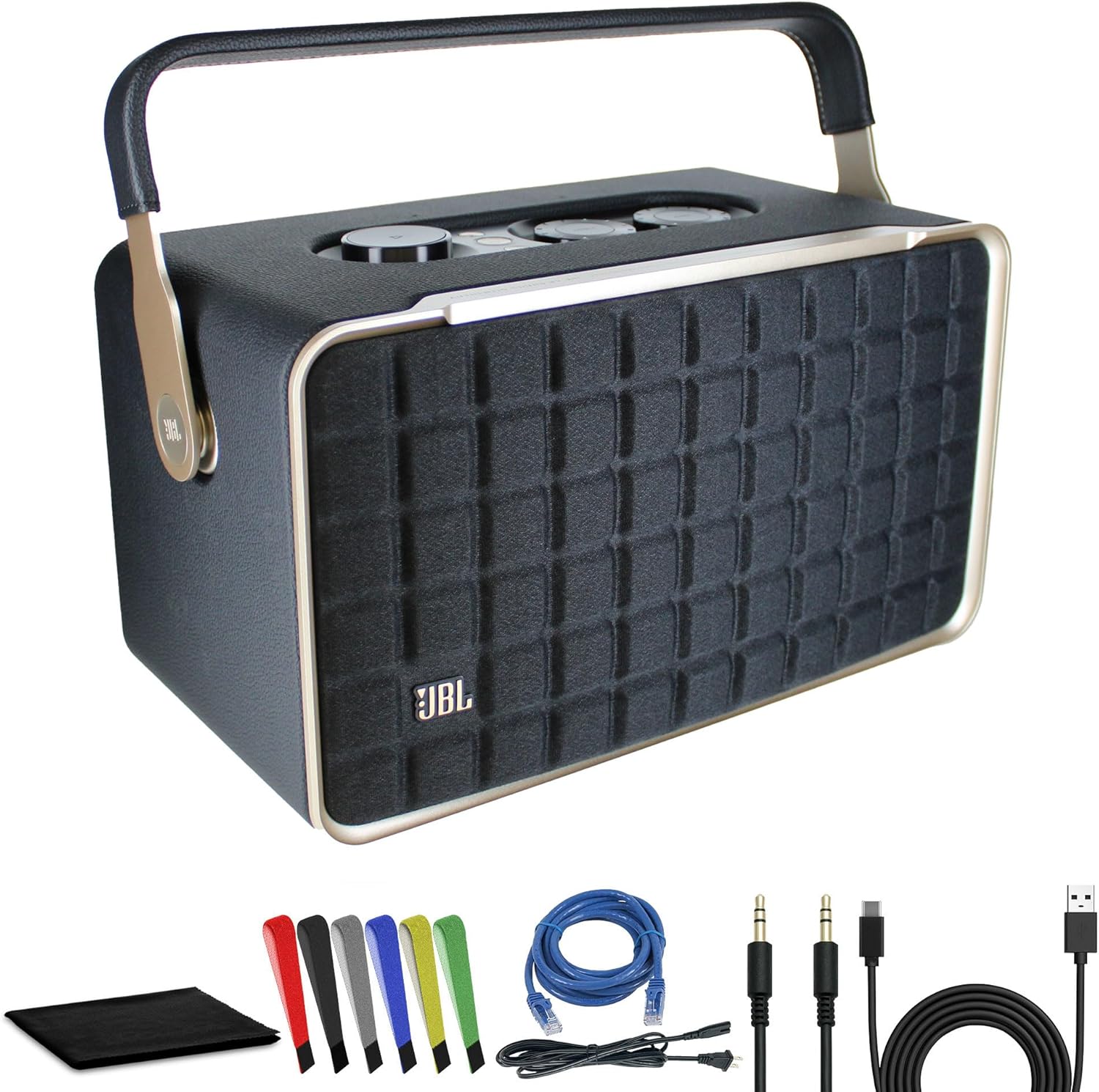 JBL Authentics 300 - Retro Style Wireless Bluetooth and Wi-Fi 100W Smart Home Speaker (JBLAUTH300BLKAM) + USB-C Cable + Network Cable + AUX Cable + Wire Straps + Cleaning Cloth