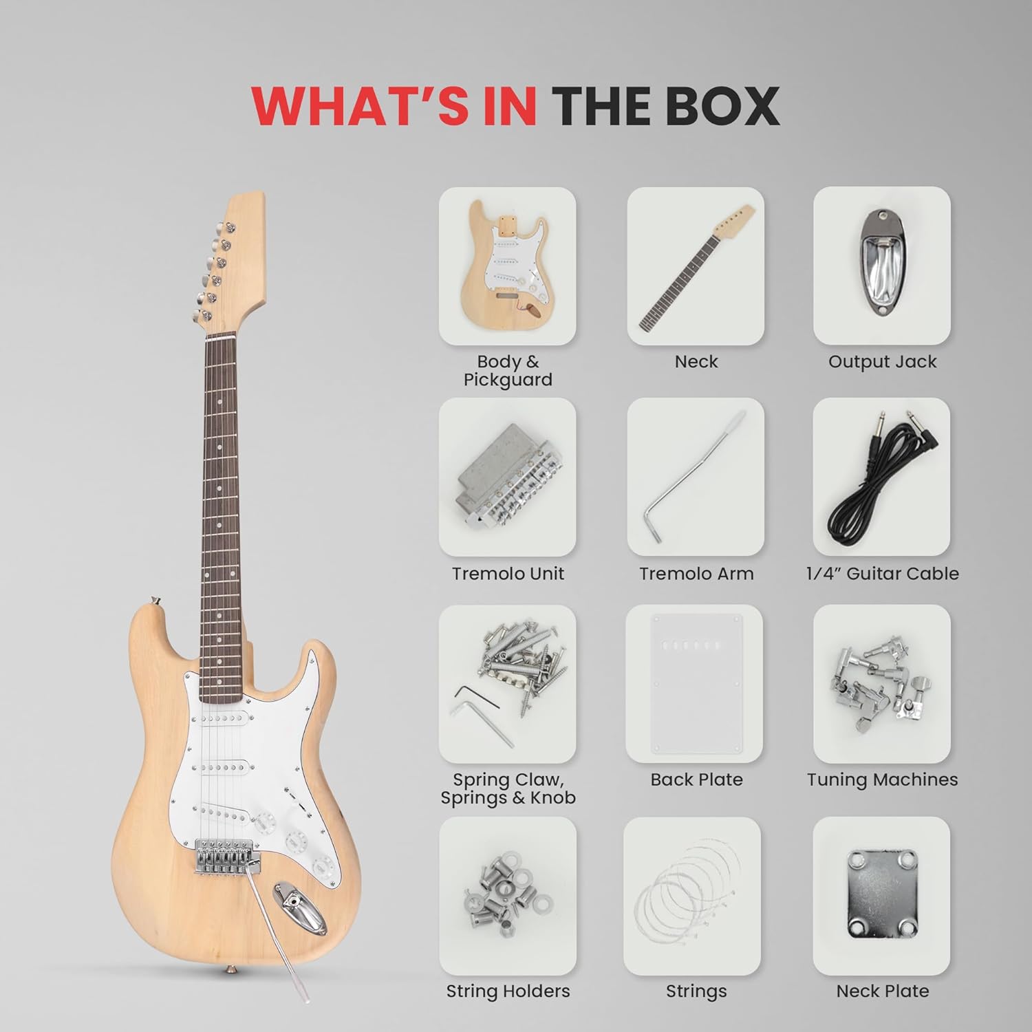 Pyle Unfinished Electric Guitar Kit - You Build The Instrument, Maple Neck With A Fretted Technical Wood Fingerboard, Basswood Body w/Sanding Sealer, Includes All Parts And Instructions - Pyle