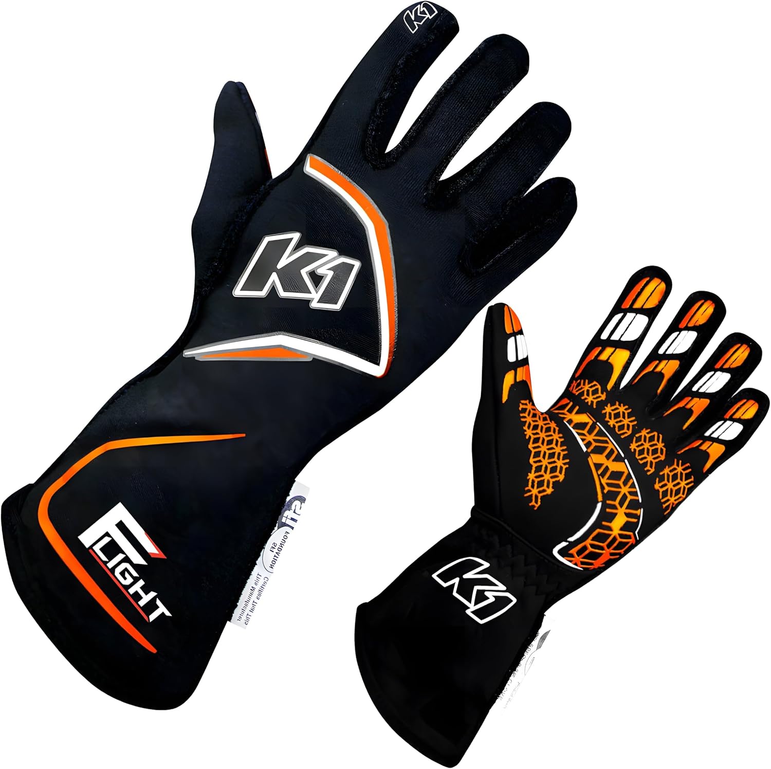 K1 Race Gear K1 Flight Adult Nomex® Auto Racing Gloves SFI 3.3/5 - Black, Flo Orange - Small