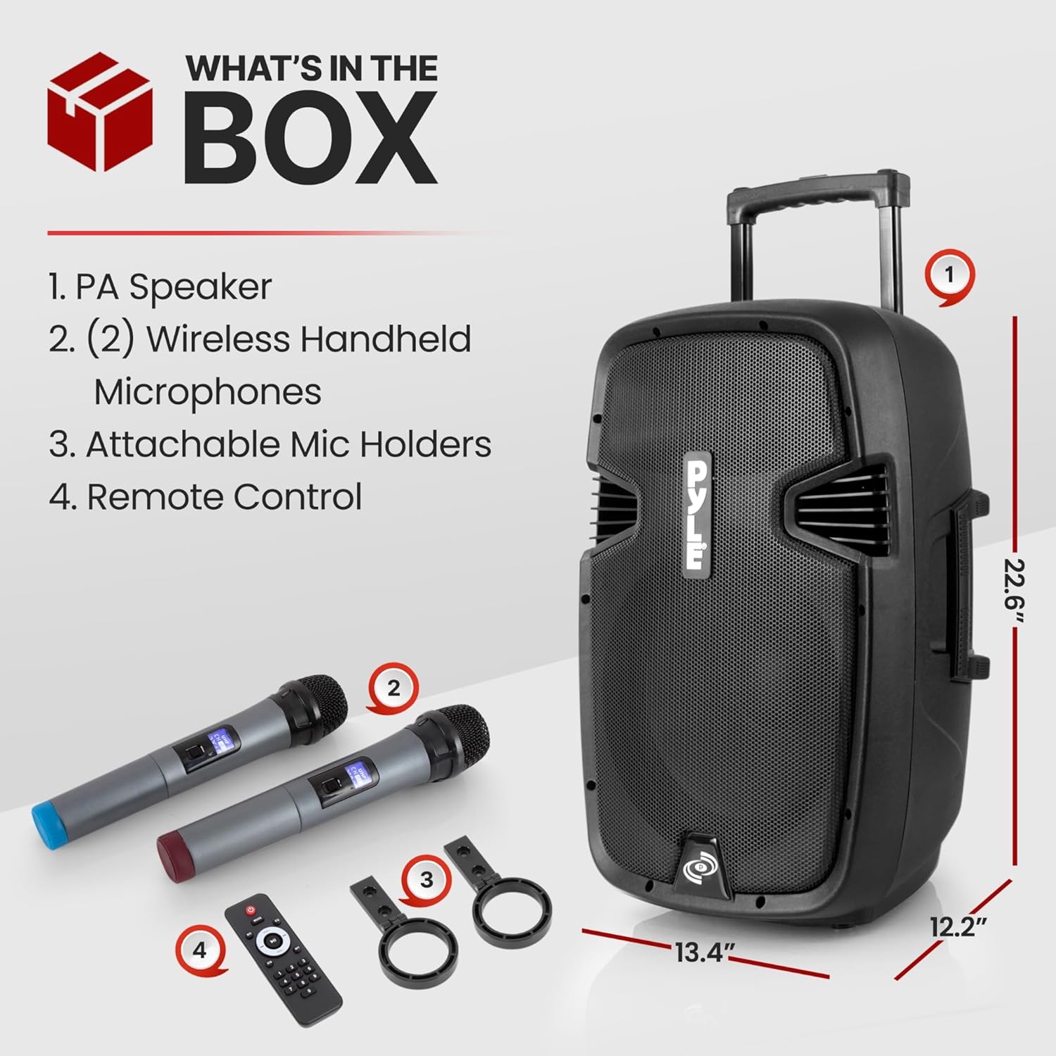 Pyle Portable Bluetooth PA Speaker System - 1000W Wireless Karaoke Loudspeaker with 12” Subwoofer, USB/SD/MP3/FM - Includes Dual UHF Mics, Remote, Rolling Wheels - Ideal for Parties, Events, Outdoors