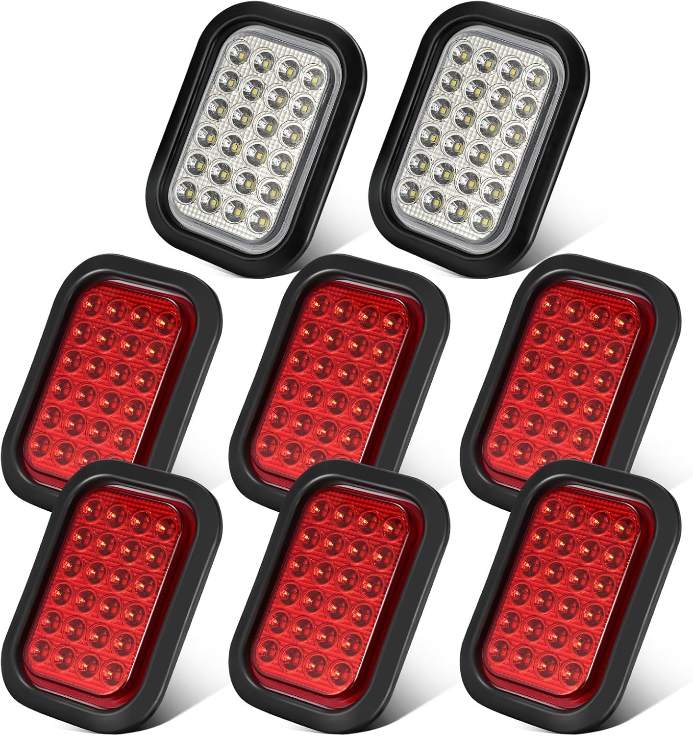 Partsam 8x 5x3 Inch 24LEDs Rectangle Stop Turn Tail Running Reverse Backup Lights Truck Trailer Hitch Tail Lights Sealed Flush Mount 3 Prong Watertight Plug Rubber Grommet 12V IP67 Waterproof