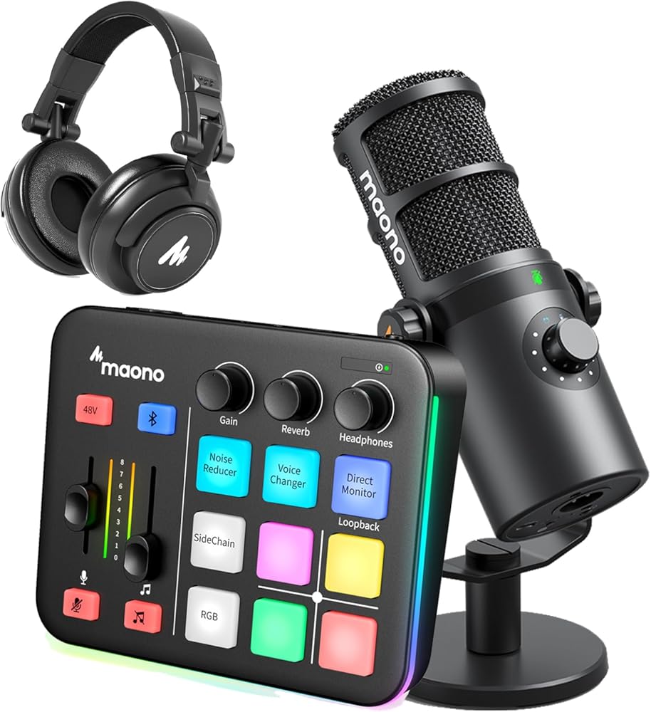 MAONO Gaming Audio Mixer & XLR Dynamic Microphone& Hadphone, Audio Interface with Pro-preamp, RGB, Bluetooth, 48V Phantom Power for Live Streaming, Podcasting, Content Create, Gaming