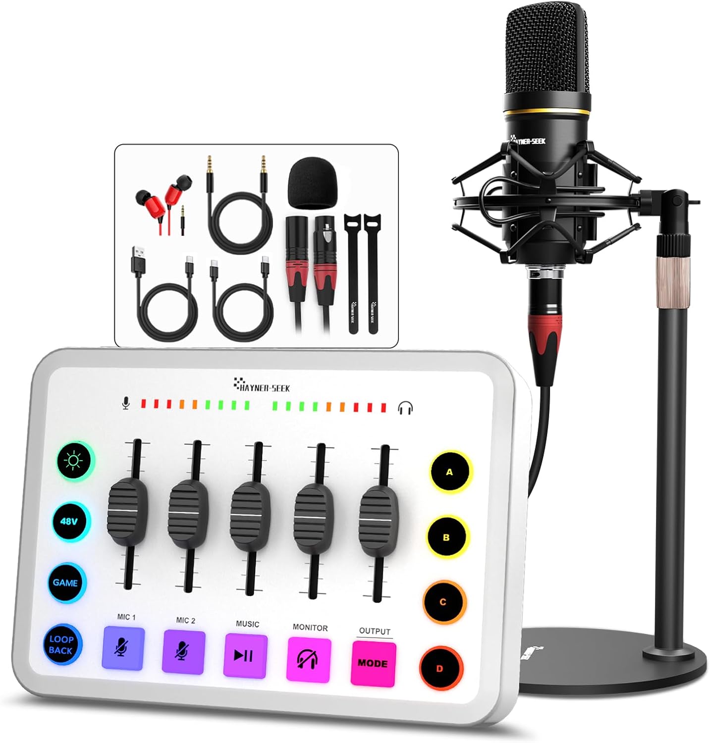 Gaming Audio Mixer Bundle, XLR Audio interface with 48V Condenser Microphone, 5-Channels, RGB,Volume Fader, Mute Button for Streaming,Recording,Podcast Equipment Bundle-White (H1)