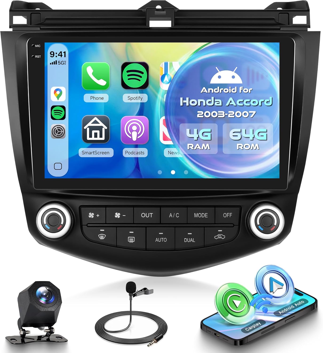 4G+64G Android Car Radio for Honda Accord 2003-2007 with Wireless CarPlay Android Auto, 9 Inch Touchscreen Car Stereo Mirror Link GPS Navigation WiFi Bluetooth FM RDS EQ SWC Backup Camera