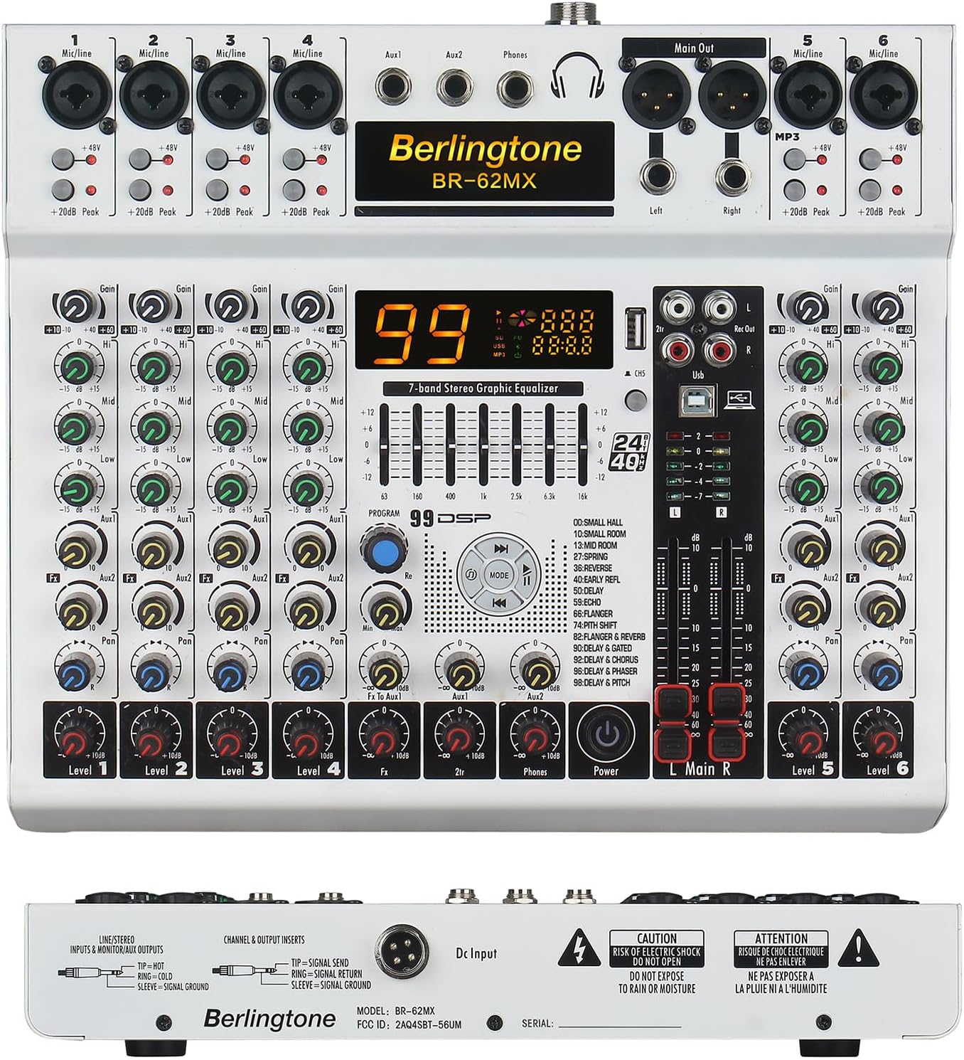 -Berlingtone 6/8 Channel Professional Audio Mixer Sound Board Console Desk, Bluetooth connection, System Interface, USB MP3, 48V Phantom Power, 99Bit DSP Processor, Computer Input,7 band EQ (BR062MX)