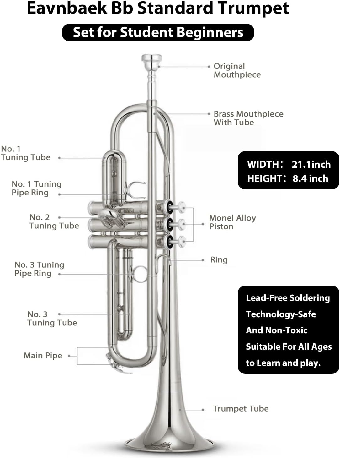 Bb Standard Trumpet Set for Beginner or Advanced Student, Brass Student Trumpet Instrument with Hard Case, Cleaning Kit, 7C Mouthpiece and Gloves (Nickel)