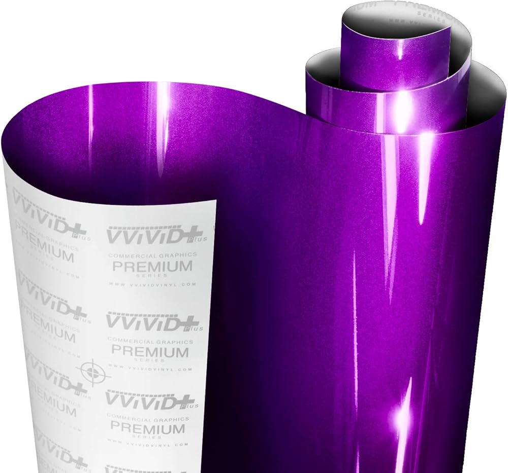 VViViD+ Ultra Gloss Candy Purple Vinyl Car Wrap Premium Paint Replacement Film Roll with Nano Air Release Technology, Stretchable Protective Cap Liner, Self Adhesive (15ft x 5ft)