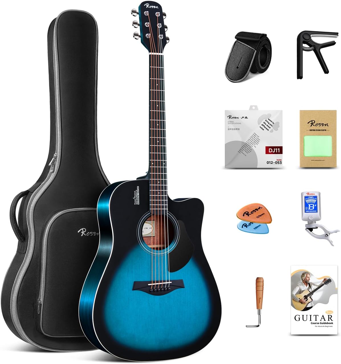 Rosen Solid Top Dreadnought Acoustic Guitar 41 Inches Spruce Guitar Beginner Bundle with Book, Padded Bag, Strings, Picks, Hexwrench, Strap, Polishing Cloth, Blue