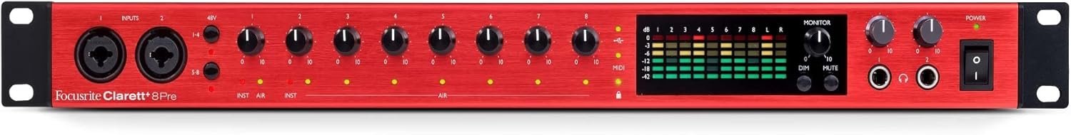 Audiosavings Bundle: Focusrite Clarett+ 8Pre Interface Bundle with Rockville PRO-M50 Headphones, Rockville RCM03 Mic, Rockville ROCKSHIELD 3 Shield, Rockville RVSM1 + Pair Rockville RRS190S(6 Items)