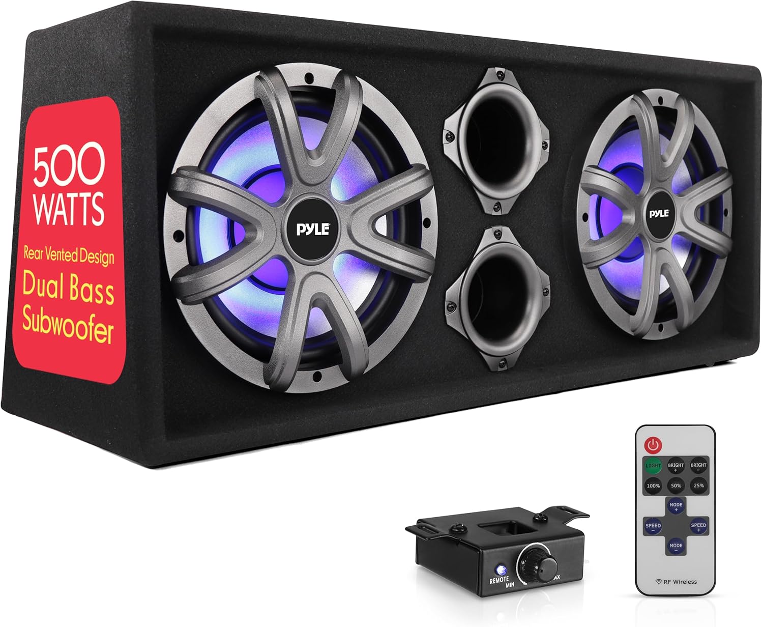 Pyle 10'' Dual Bass Subwoofer Box – 500W Slim Mount Car Subwoofer System with Class-D Amplifier, Rear Vented Audio System, 4-Layer Dual Voice Coil and Built-in LED Lights