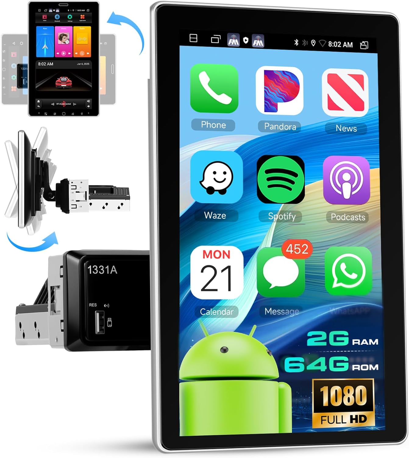 10.1 inch Single Din Touch Screen Car Stereo with Wireless Carplay and Android Auto, Rotatable Car Radio with Bluetooth Mirror Link Steering Wheel Control WiFi GPS EQ USB FM/RDS+ Backup Camera