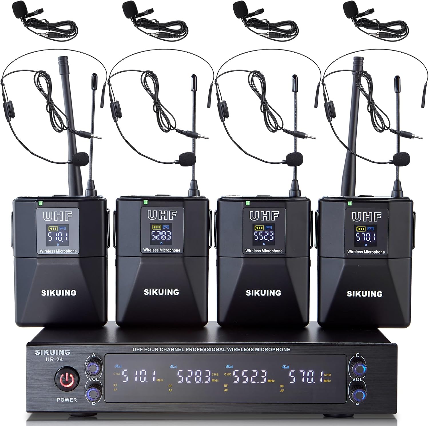 4 Channel UHF Wireless Microphone System with Lavalier Headset Mics, 4x50 Adjustable Frequencies, Ideal for Karaoke Meeting Church, 300ft Range (4 Bodypack)