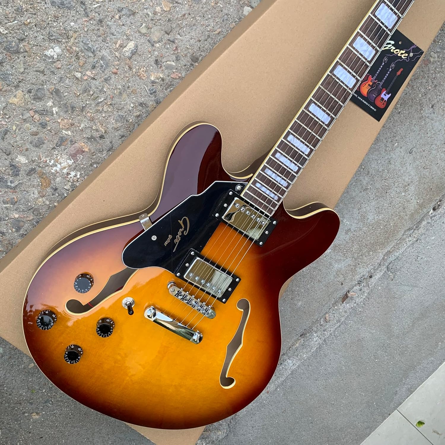 Semi-Hollow Body Electric Guitar, Left-Handed, F-Hole Design, Sunburst Finish