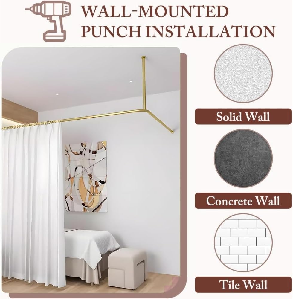 Beauty Salon Room Divider Curtain Rod, L Shaped Corner Curtain Rod, Wall Mount Curtain Partition Rod for Massage Room, Bedroom, Clinic, Shared Bedroom(Gold)