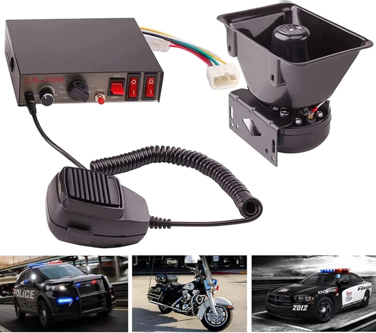 9 Tones 200W Emergency Warning Police Siren Speaker PA System Kit with Handheld Microphone & 2 Lights Control Switches for Firefighter Ambulance Vehicles Truck Car SUV ATV UTV