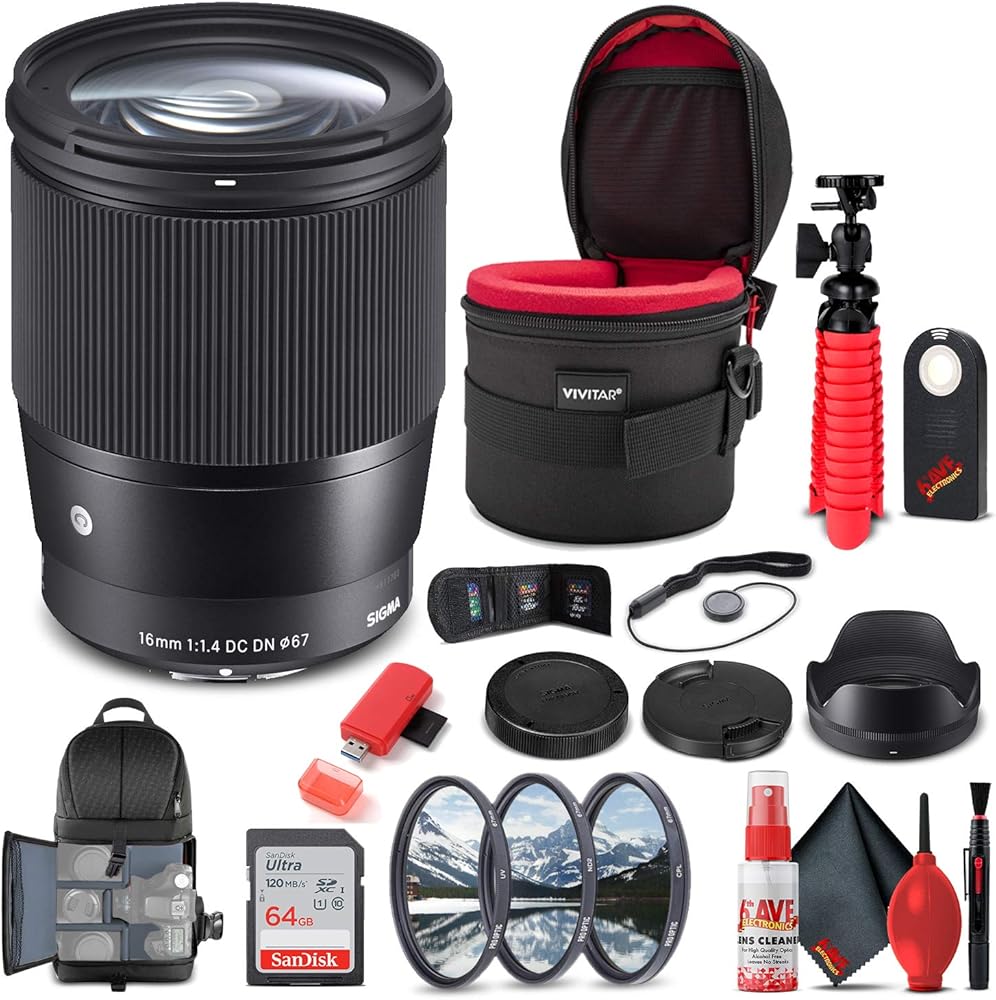 Sigma 16mm f/1.4 DC DN Contemporary Lens for Micro Four Thirds (402963) Bundle + Backpack + 64GB Card + Lens Case + Card Reader + 3 Piece Filter Kit + Cleaning Set + Flex Tripod + More