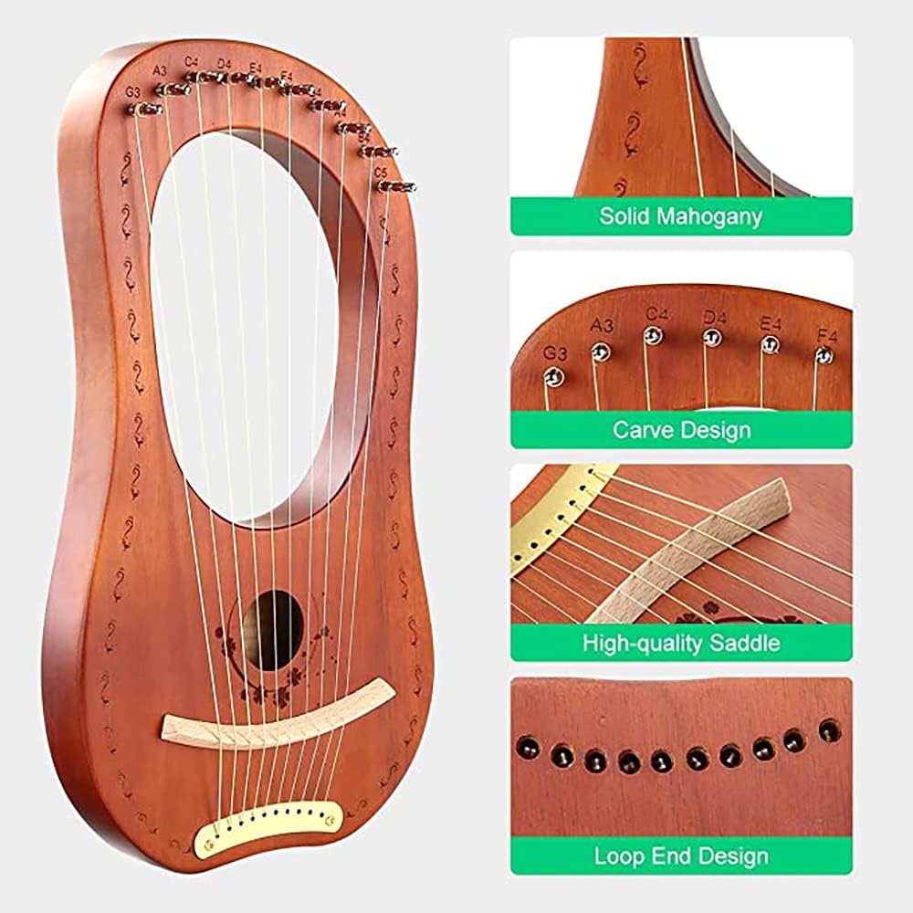 Lyre Harp, 10 Metal Strings, Mahogany Lye Harp with bag Tuning Wrench (Brown)