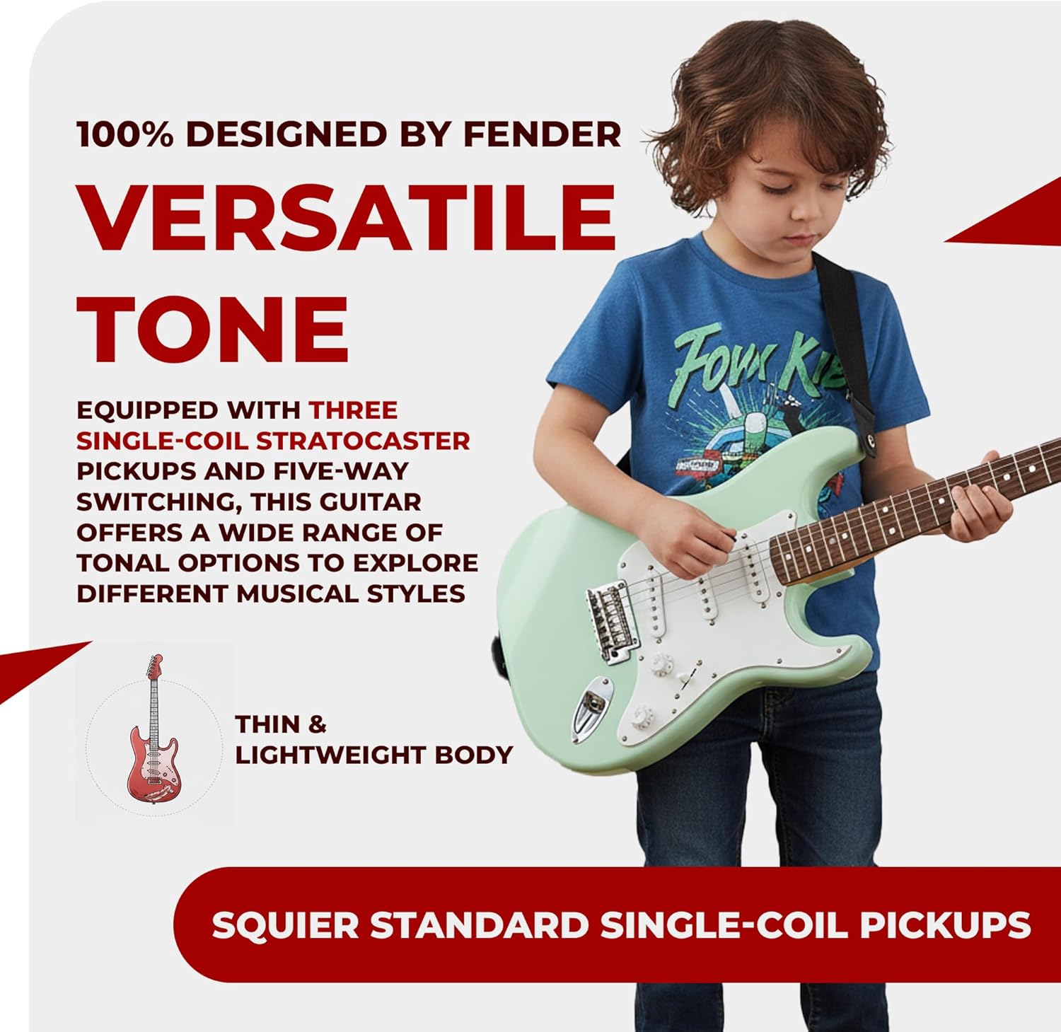 Fender Squier 3/4-Size Kids Mini Strat Electric Guitar - Surf Green Bundle with Amplifier, Cable, Tuner, Strap, Picks, Online Lessons, and Austin Bazaar Instructional DVD