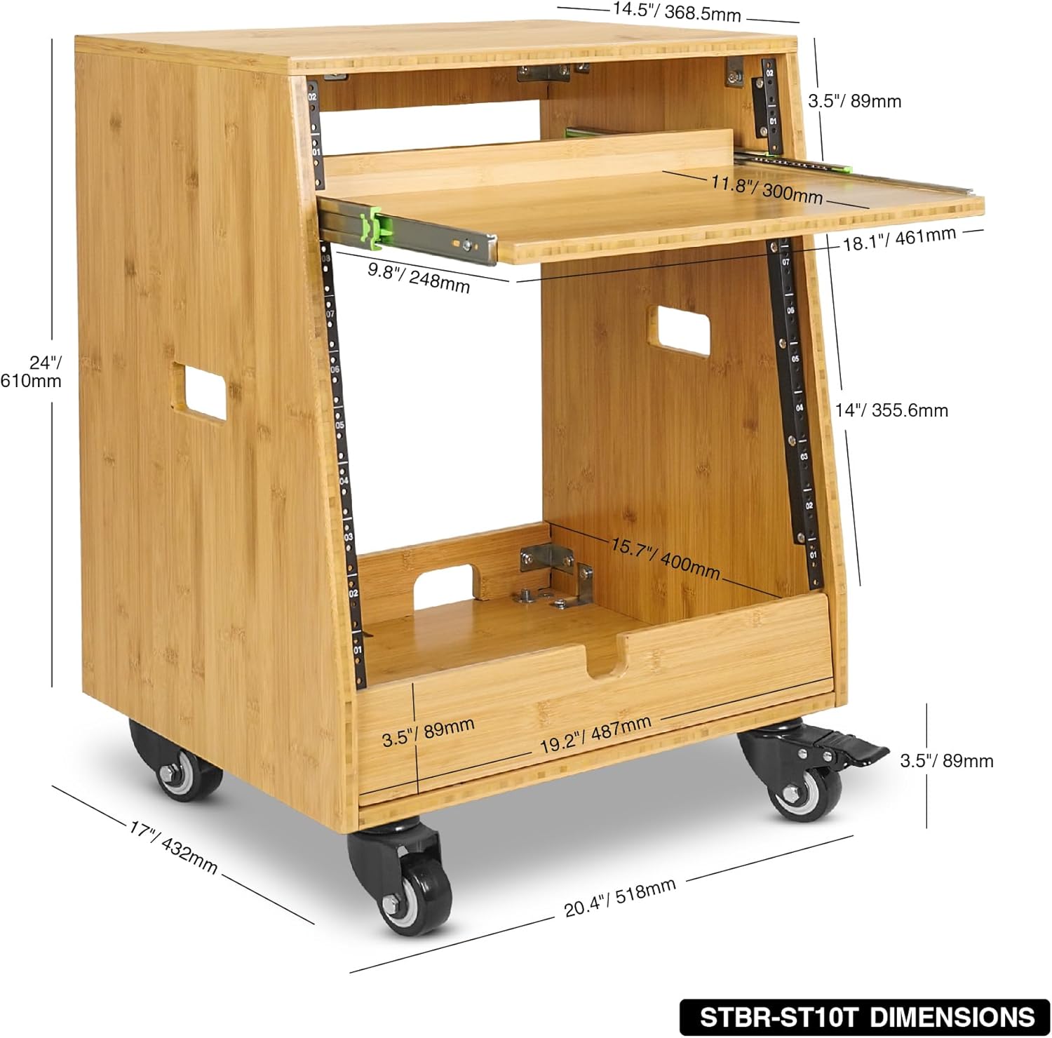 Sound Town DIY Solid Carbonized Bamboo Slanted 10U Studio Rack (2U Top + 8U Lower), with 2U Bottom Storage, Slide-Out Tray, Caster, For Recording Room, Home Studio (STBR-ST10T)