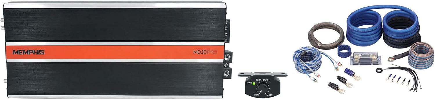 Memphis Audio MJP3000.1 3000w RMS @ 1 ohm Mono Car Amplifier Mojo Pro Amp+Remote Bundle with Rockville RWK0CU Complete Amp Installation Wire Kit