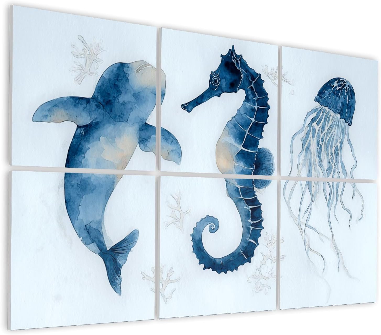 6 Pack Art Acoustic Panels Self Adhesive Set sea Animals Blue Watercolor Ocean Fish Whale Seahorse Decorative Soundproof Wall Panels Sound Absorbing Panel 48