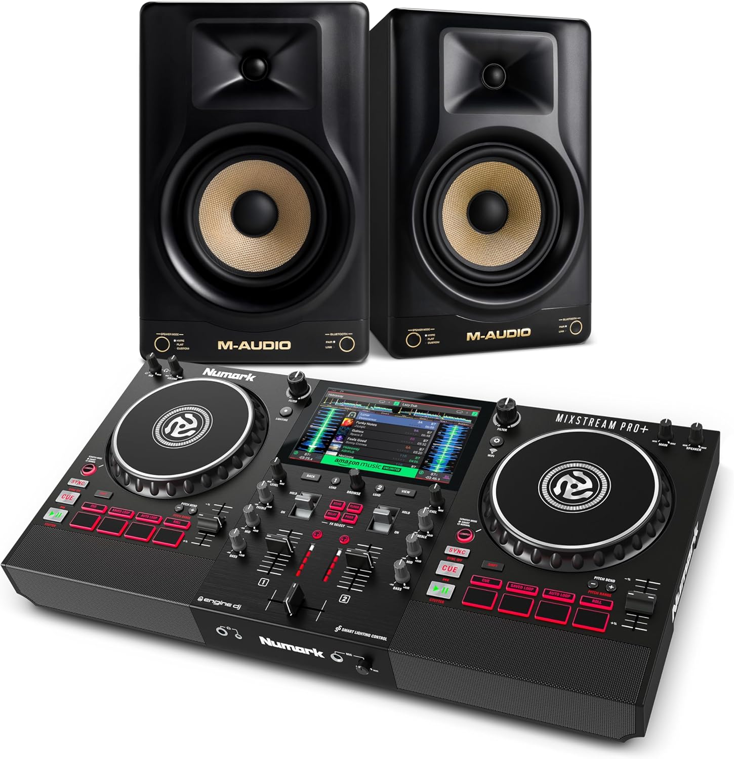Numark Mixstream Pro+ DJ Controller and M-AUDIO Forty Sixty Pair Studio Monitors for Studio Recording, Music Production, Podcasting, Streaming