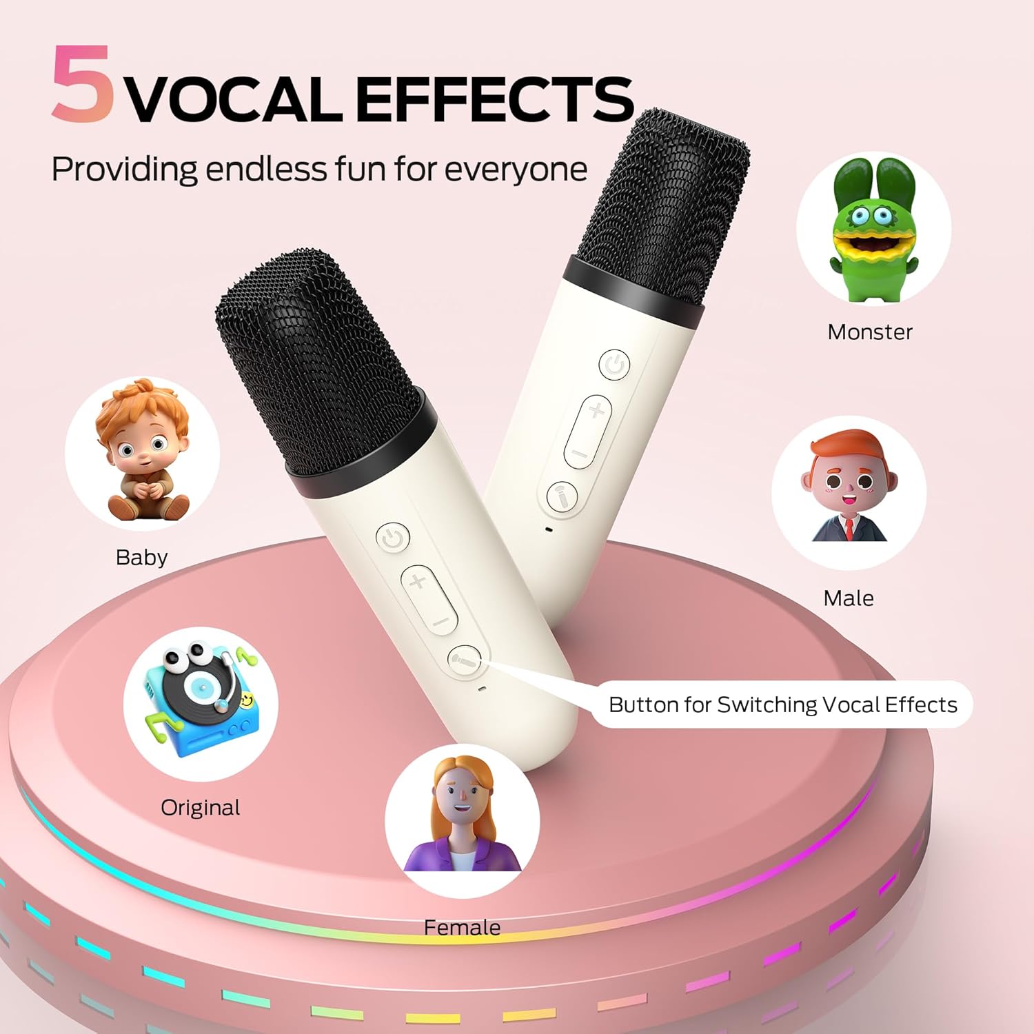 Monster Mini Karaoke Machine for Kids Adults, Portable Bluetooth Speakers with 2 Wireless Microphones and Lights, Christmas Birthday Gifts Toys for Girls Boys 4, 5, 6, 7, 8, 9, 10, 12+ Toddler